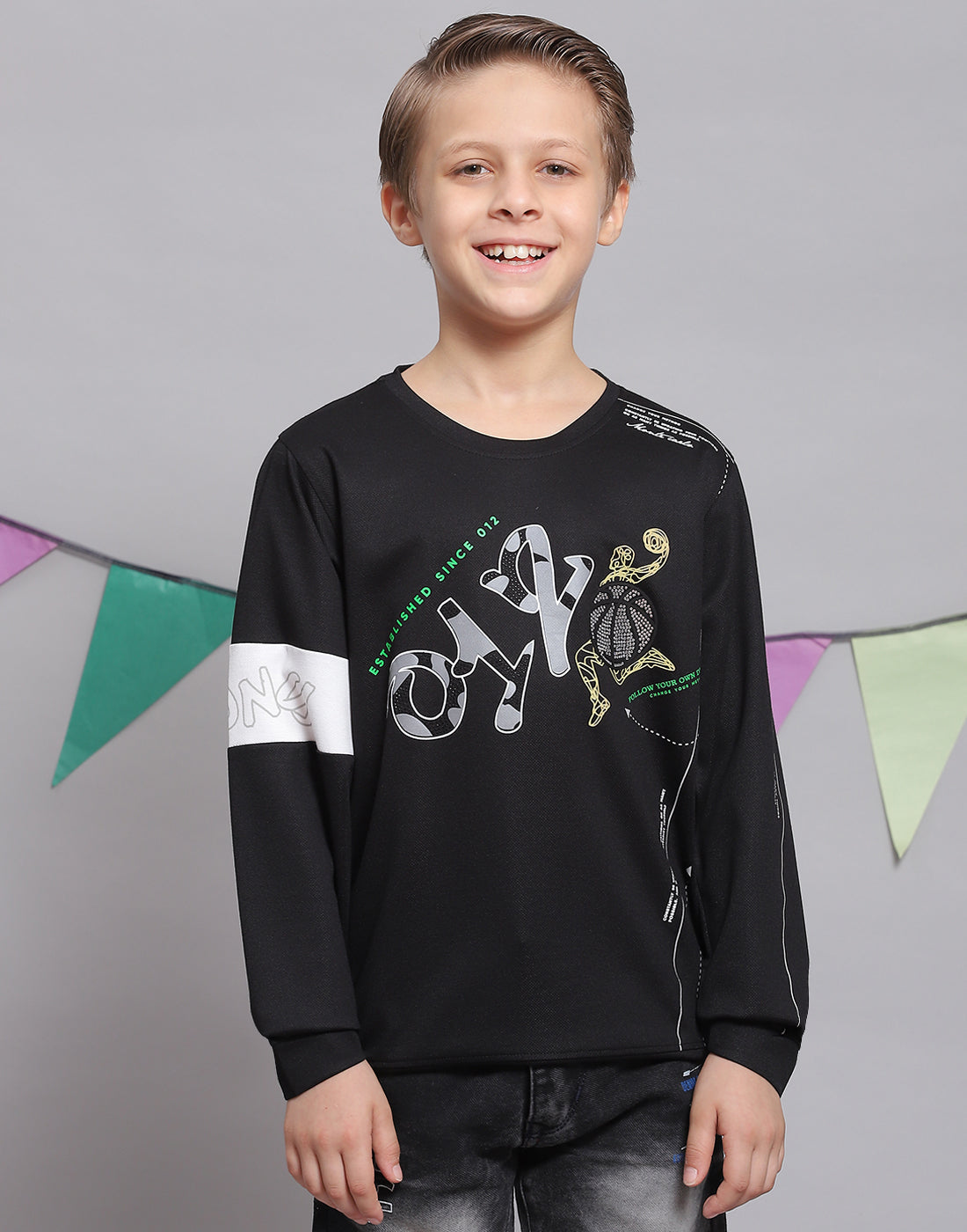 Boys Black Printed Round Neck Full Sleeve T-Shirts