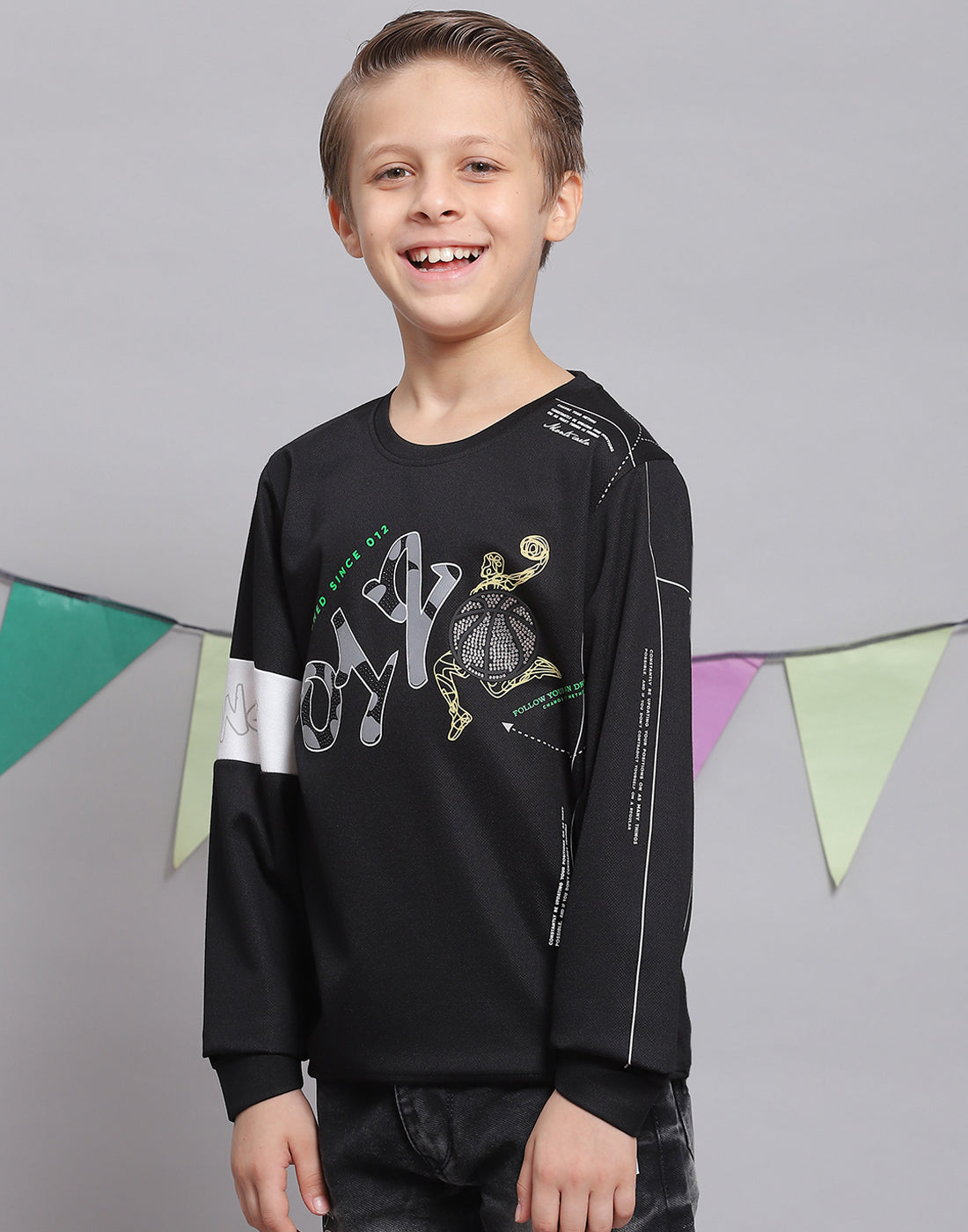 Boys Black Printed Round Neck Full Sleeve T-Shirts