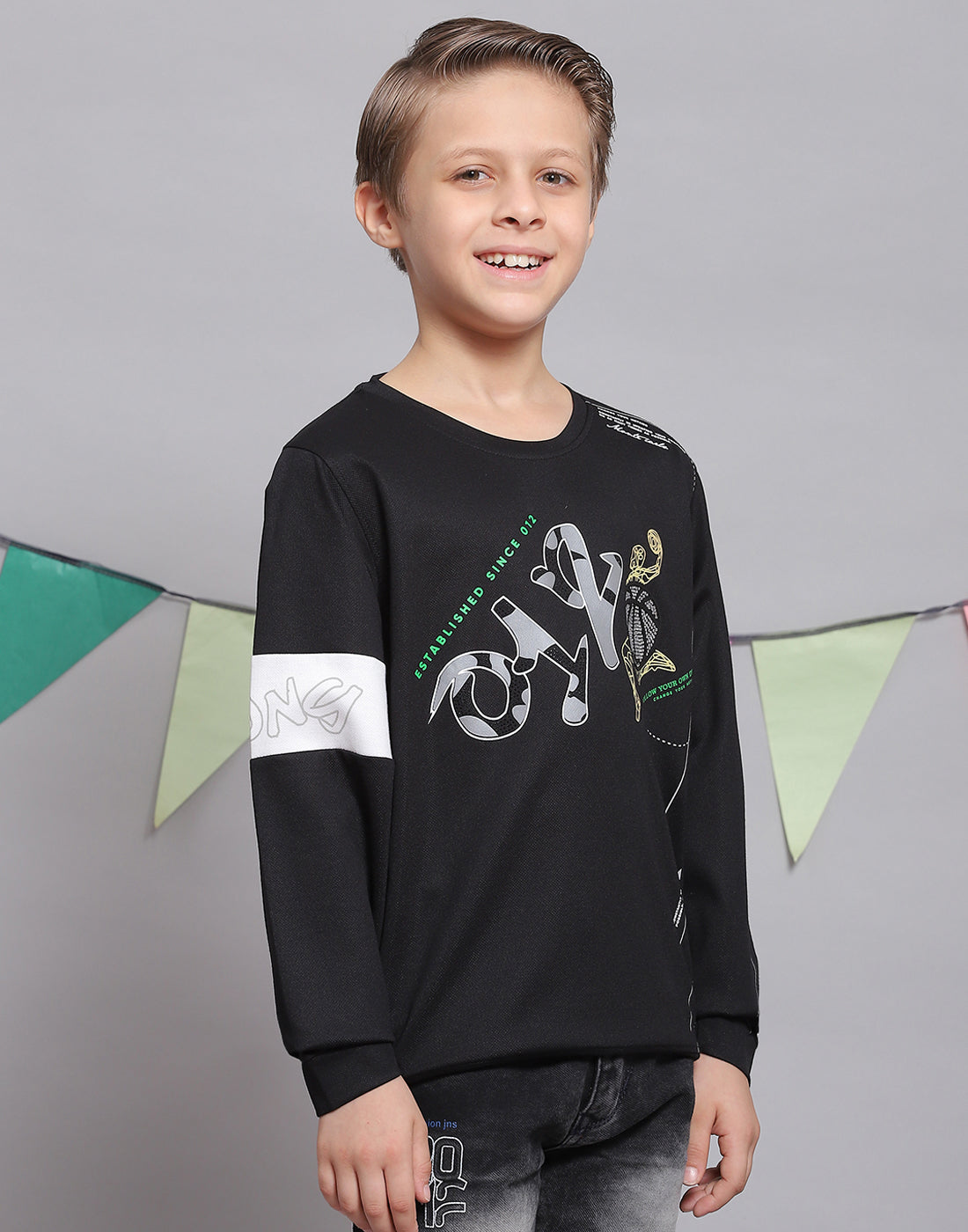 Boys Black Printed Round Neck Full Sleeve T-Shirts