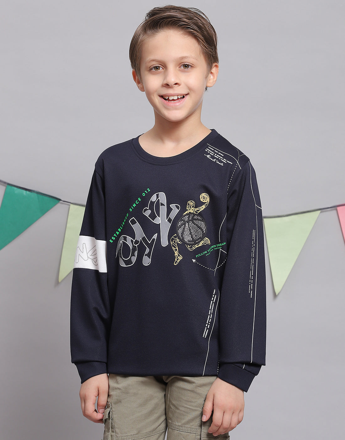 Boys Navy Blue Printed Round Neck Full Sleeve T-Shirts