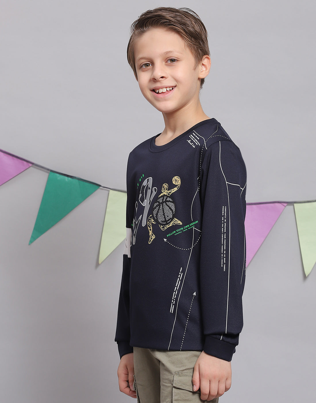 Boys Navy Blue Printed Round Neck Full Sleeve T-Shirts