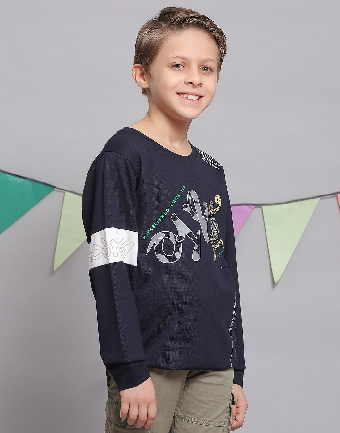 Boys Navy Blue Printed Round Neck Full Sleeve T-Shirts