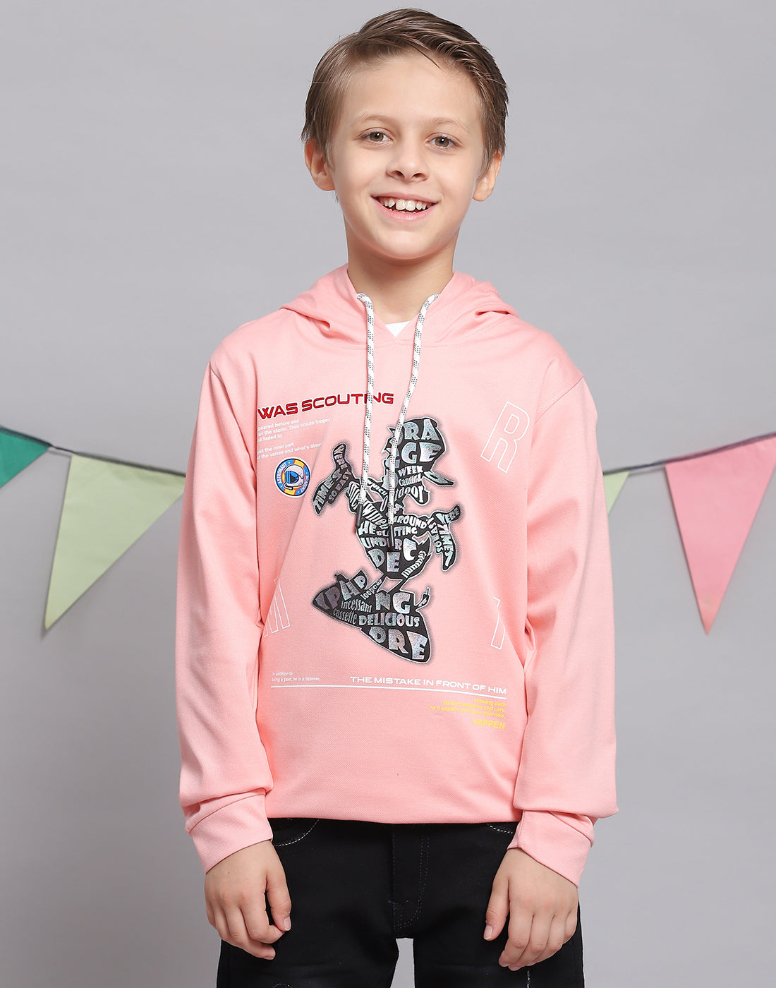 Boys Peach Printed Hooded Full Sleeve T-Shirts