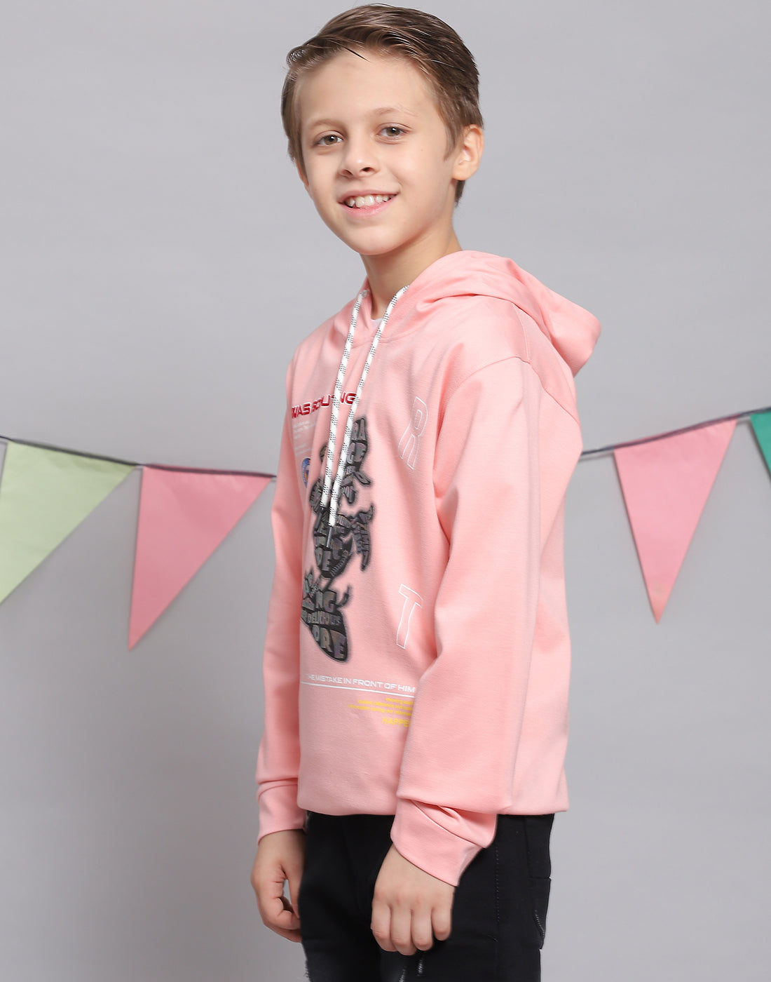 Boys Peach Printed Hooded Full Sleeve T-Shirts
