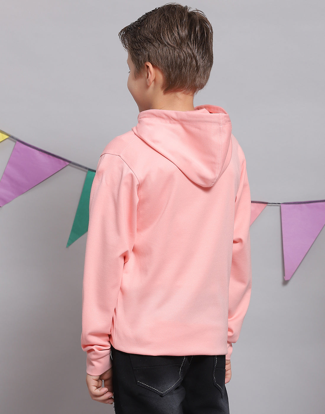 Boys Peach Printed Hooded Full Sleeve T-Shirts
