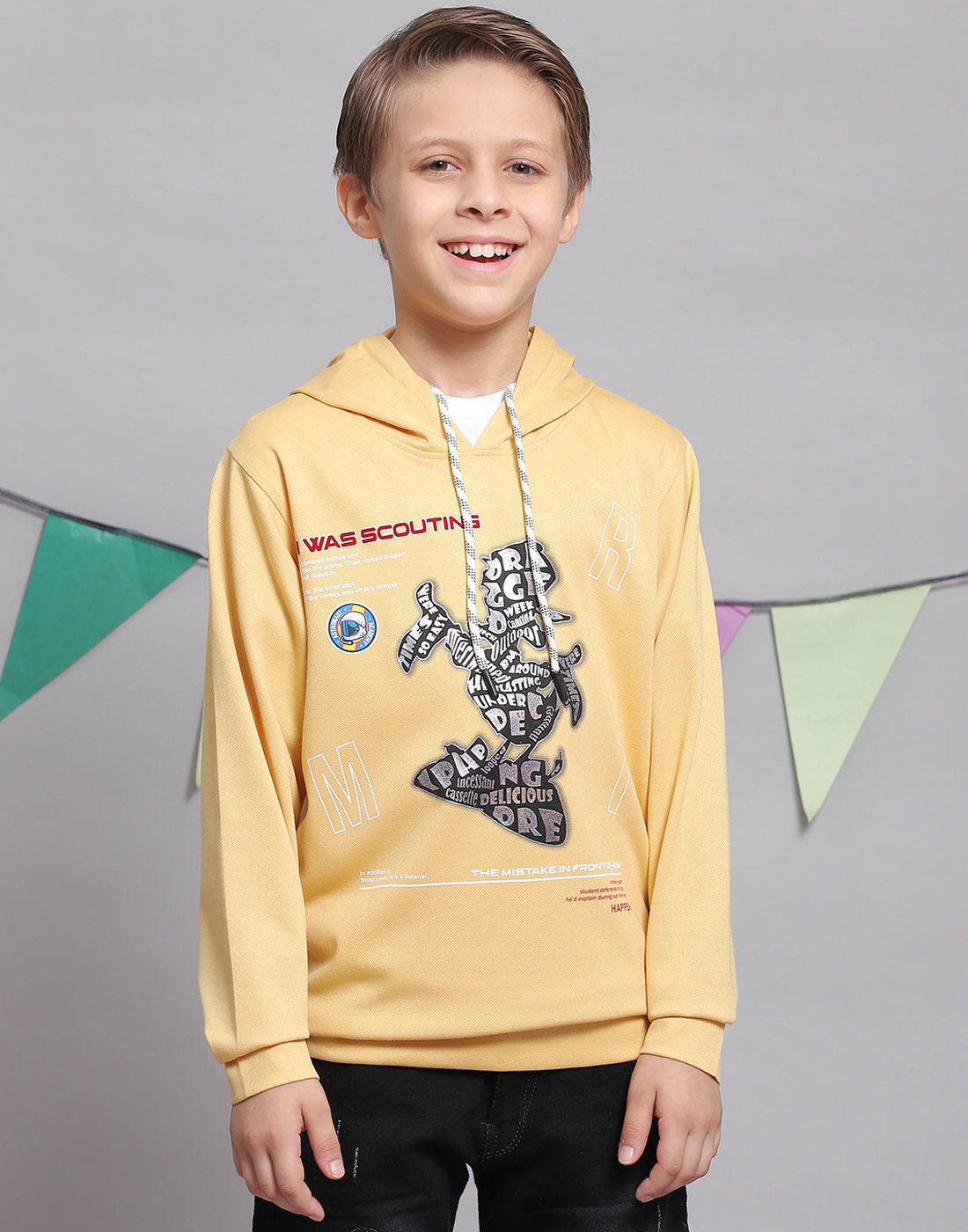 Boys Yellow Printed Hooded Full Sleeve T-Shirts