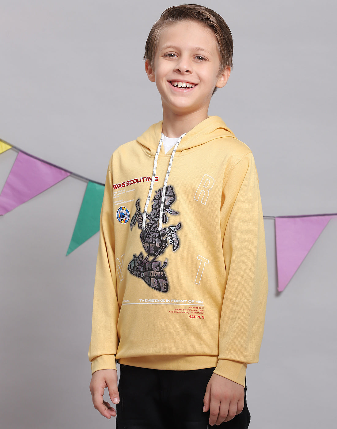Boys Yellow Printed Hooded Full Sleeve T-Shirts