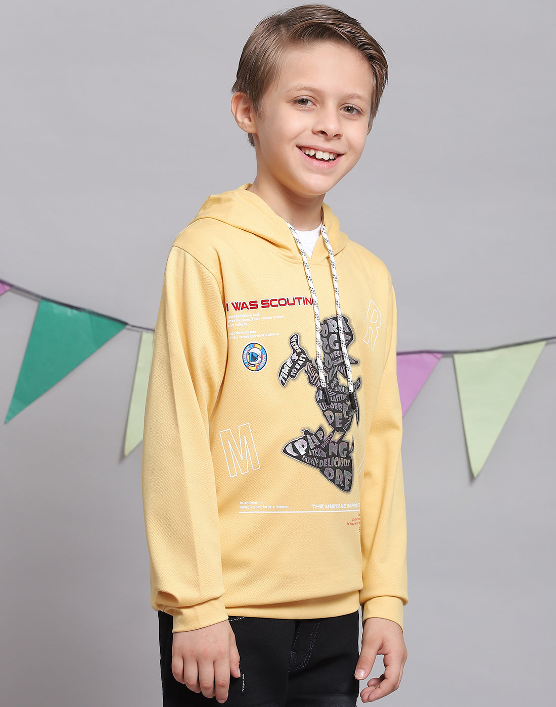 Boys Yellow Printed Hooded Full Sleeve T-Shirts