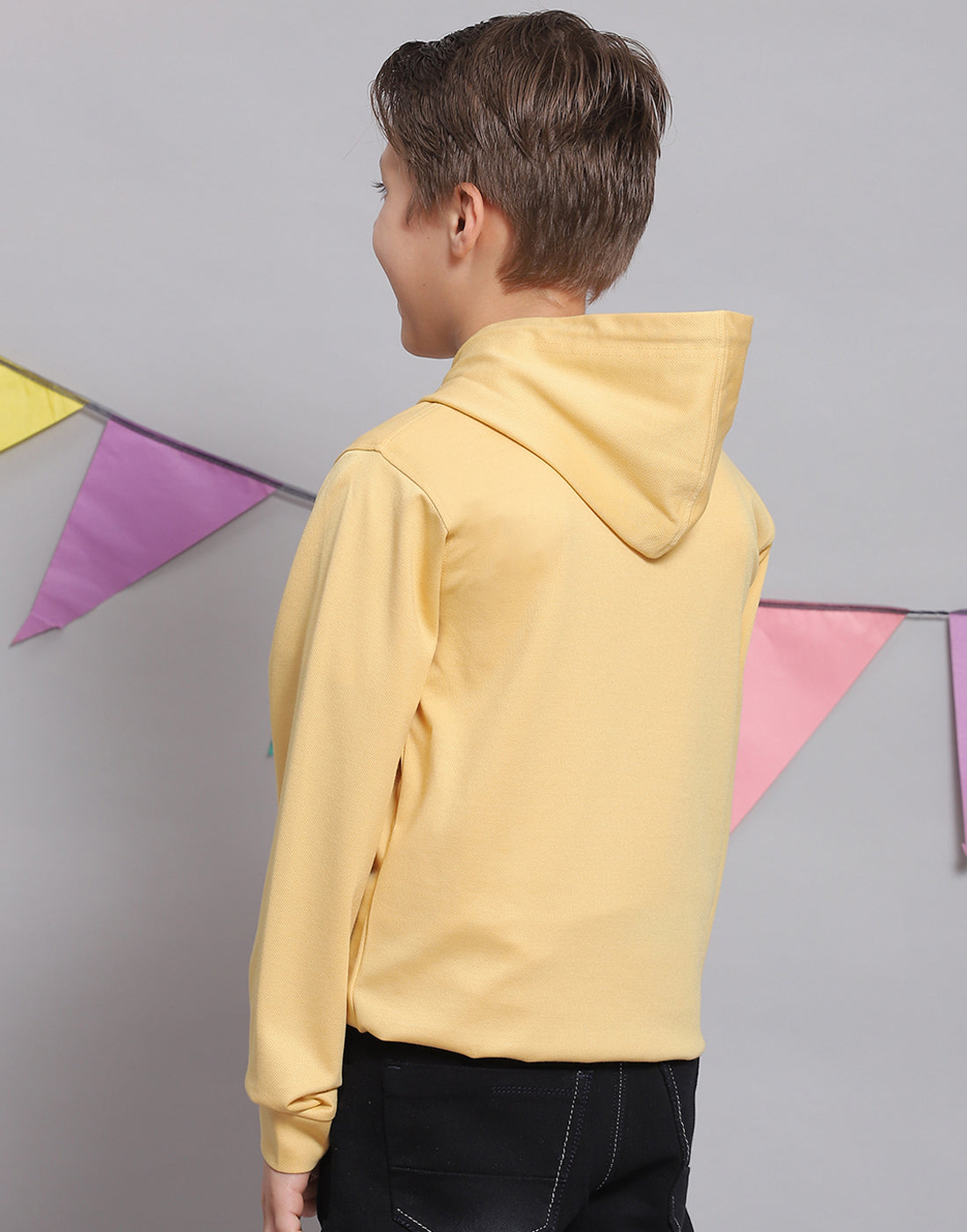 Boys Yellow Printed Hooded Full Sleeve T-Shirts