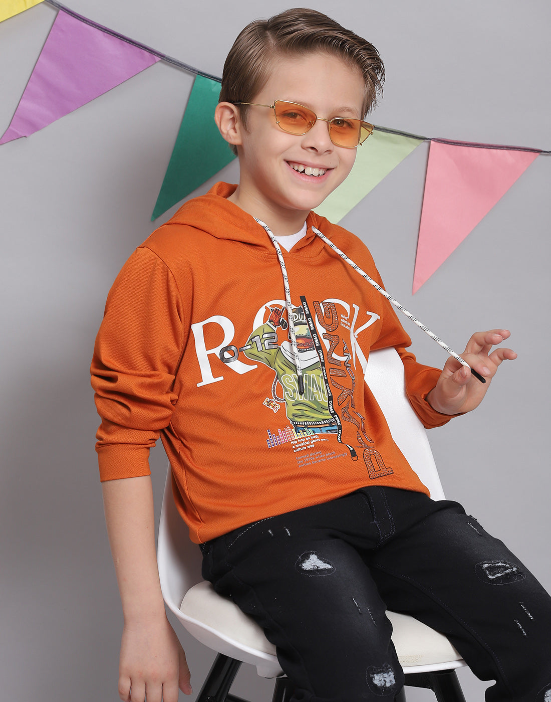 Boys Rust Printed Hooded Full Sleeve T-Shirts