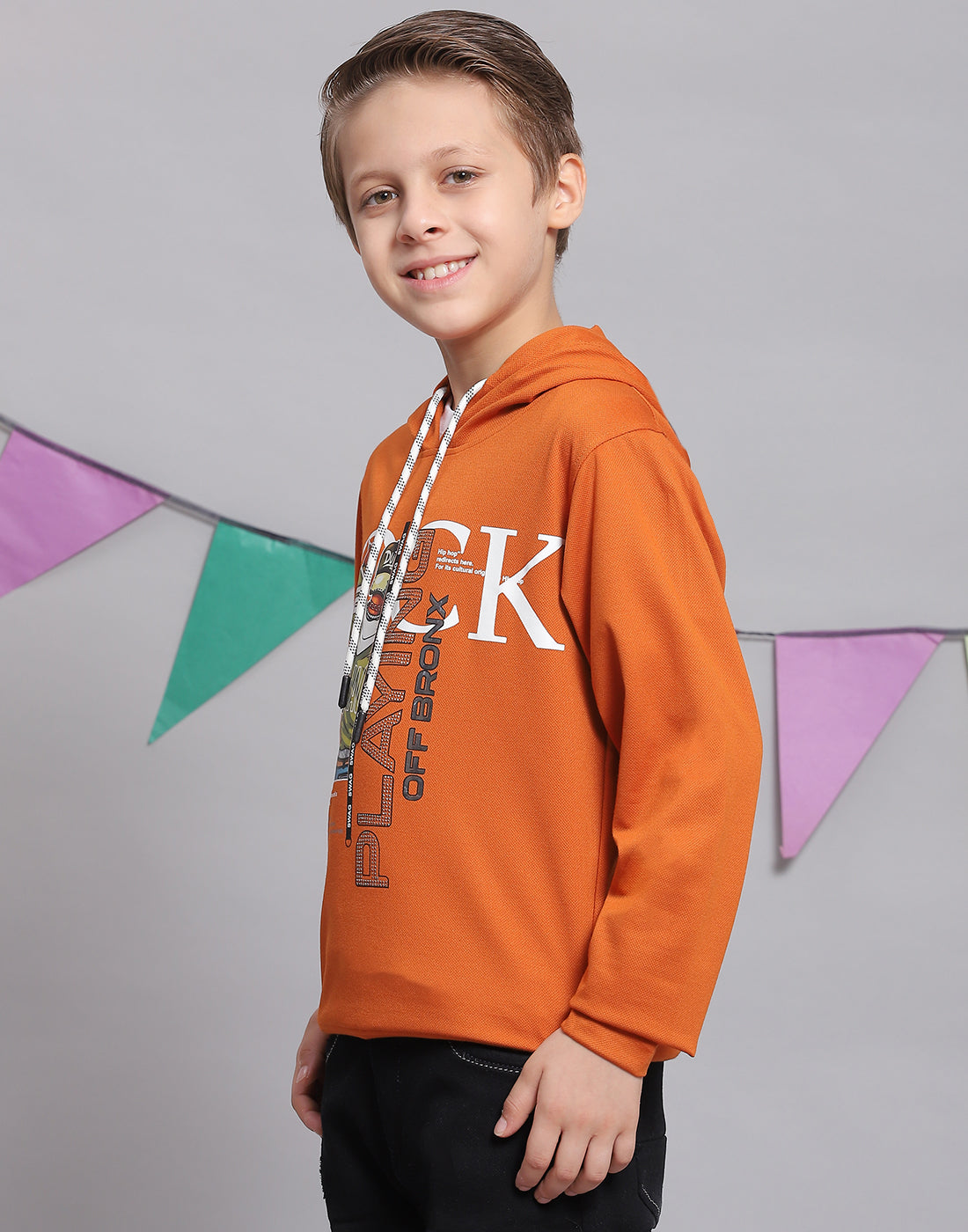 Boys Rust Printed Hooded Full Sleeve T-Shirts