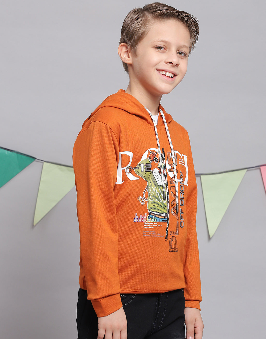 Boys Rust Printed Hooded Full Sleeve T-Shirts