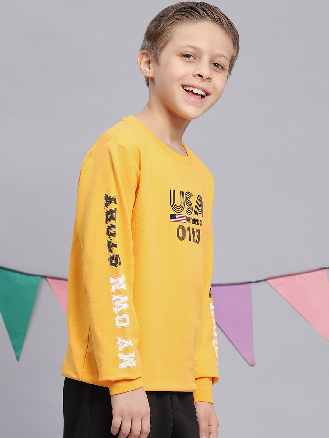 Boys Yellow Printed Round Neck Full Sleeve Sweatshirt