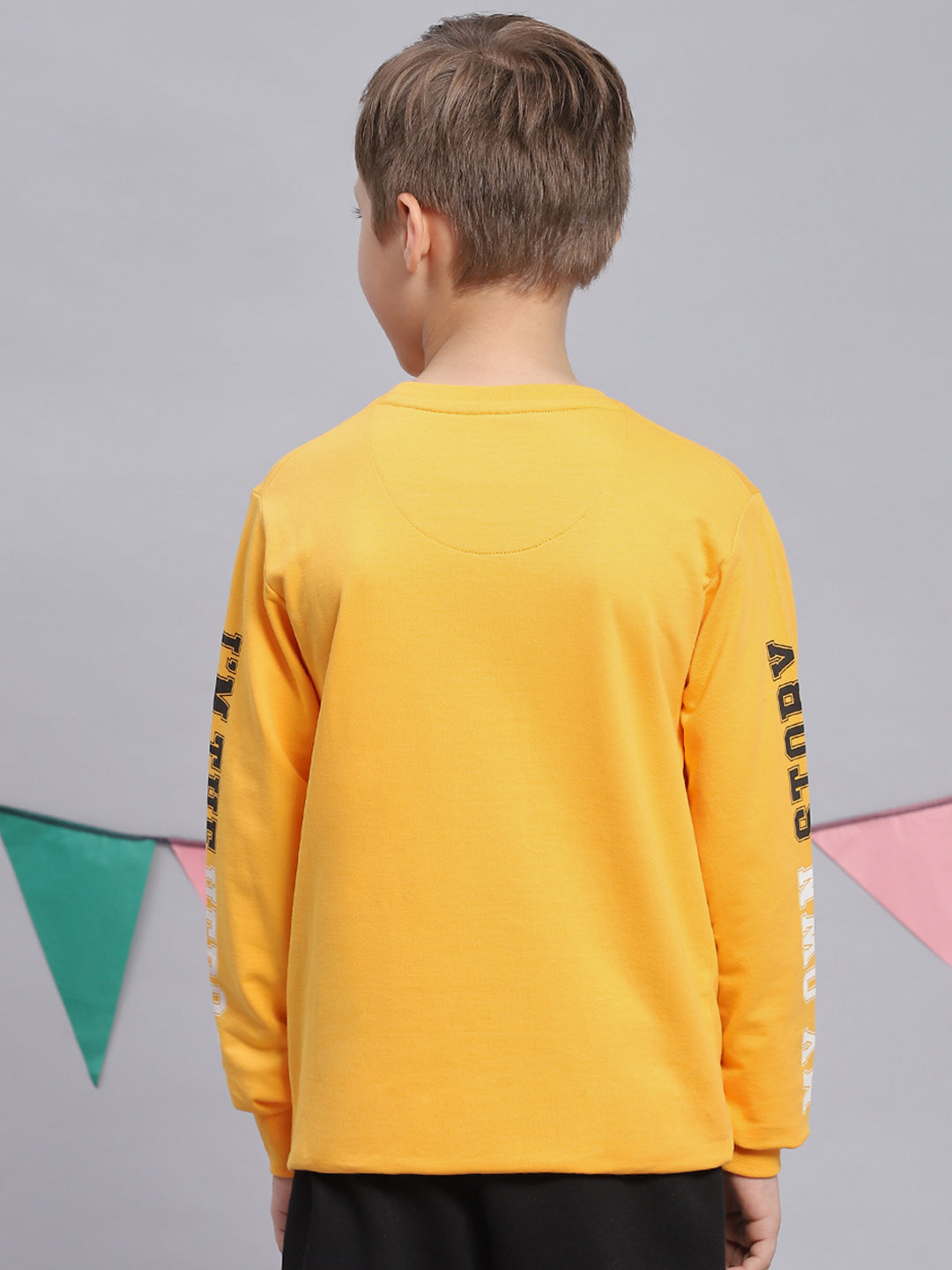 Boys Yellow Printed Round Neck Full Sleeve Sweatshirt