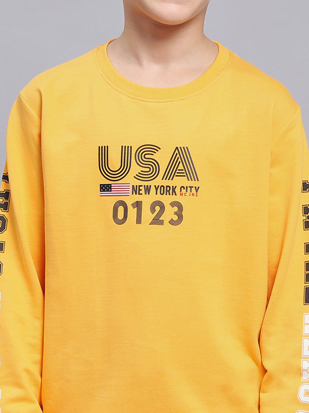 Boys Yellow Printed Round Neck Full Sleeve Sweatshirt