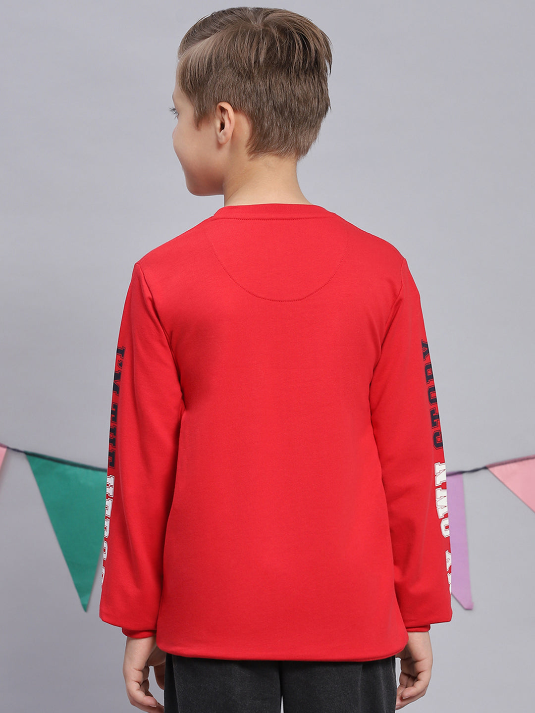 Boys Red Printed Round Neck Full Sleeve Sweatshirt