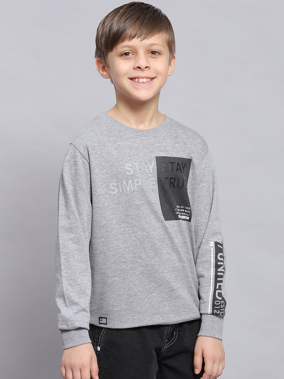 Boys Grey Melange Printed Round Neck Full Sleeve Sweatshirt