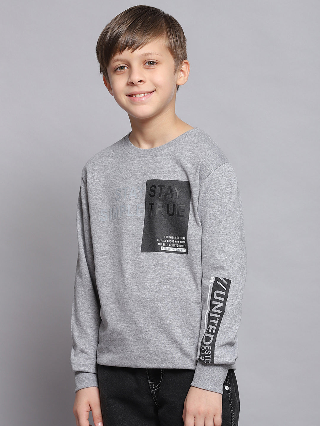 Boys Grey Melange Printed Round Neck Full Sleeve Sweatshirt