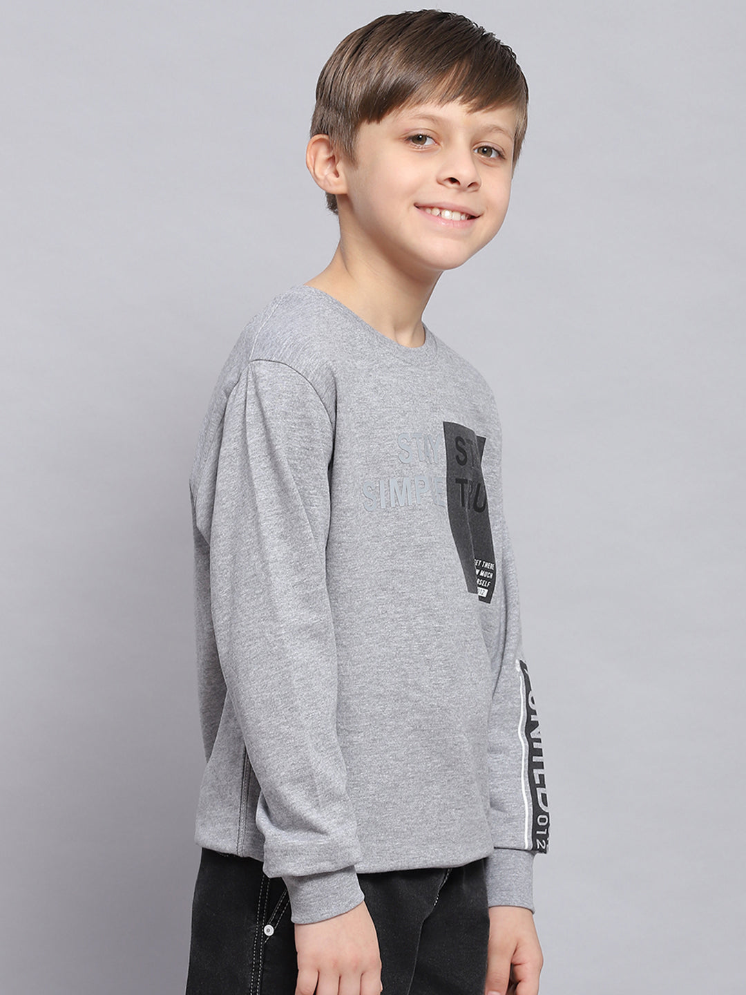 Boys Grey Melange Printed Round Neck Full Sleeve Sweatshirt