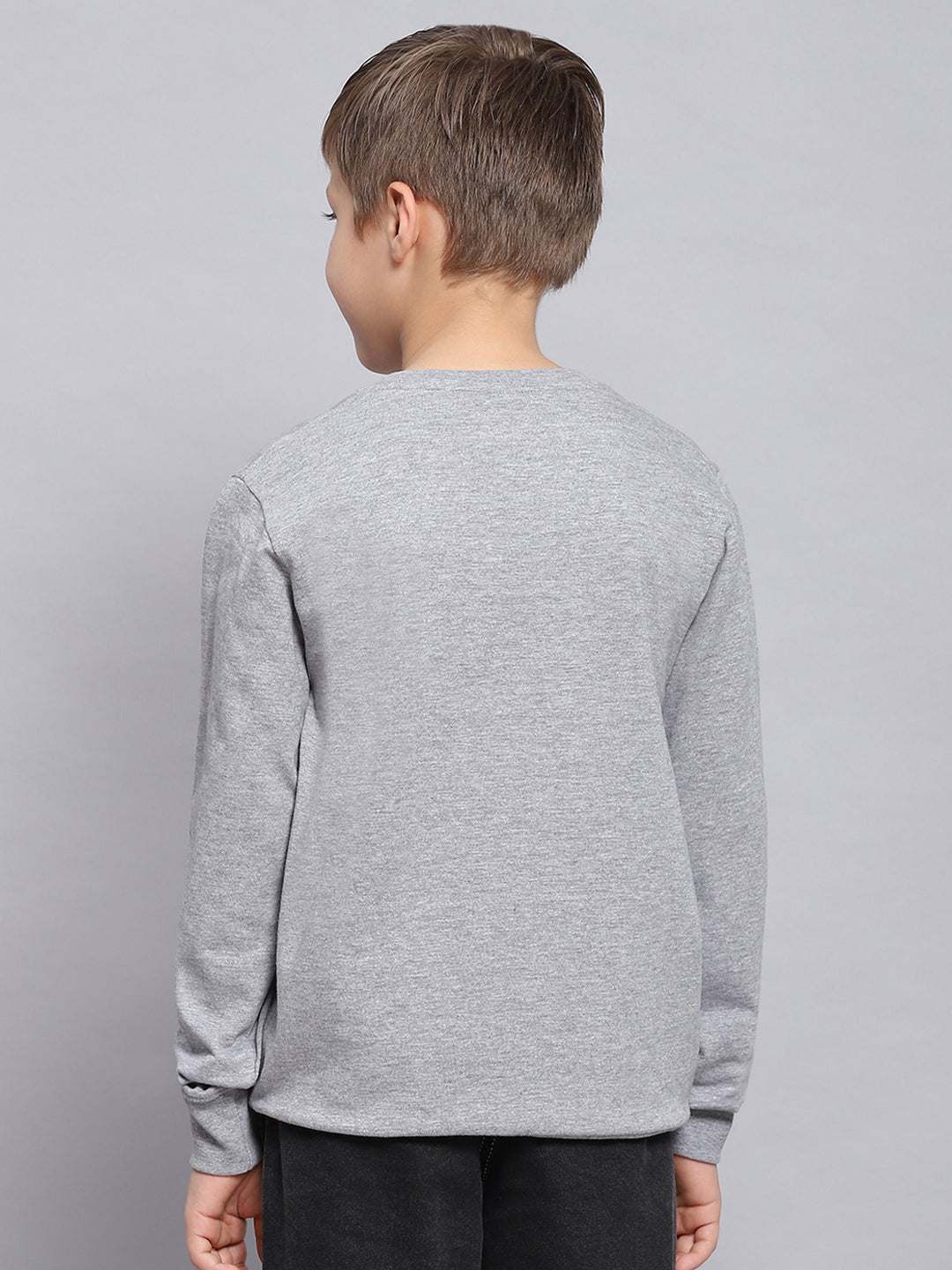 Boys Grey Melange Printed Round Neck Full Sleeve Sweatshirt