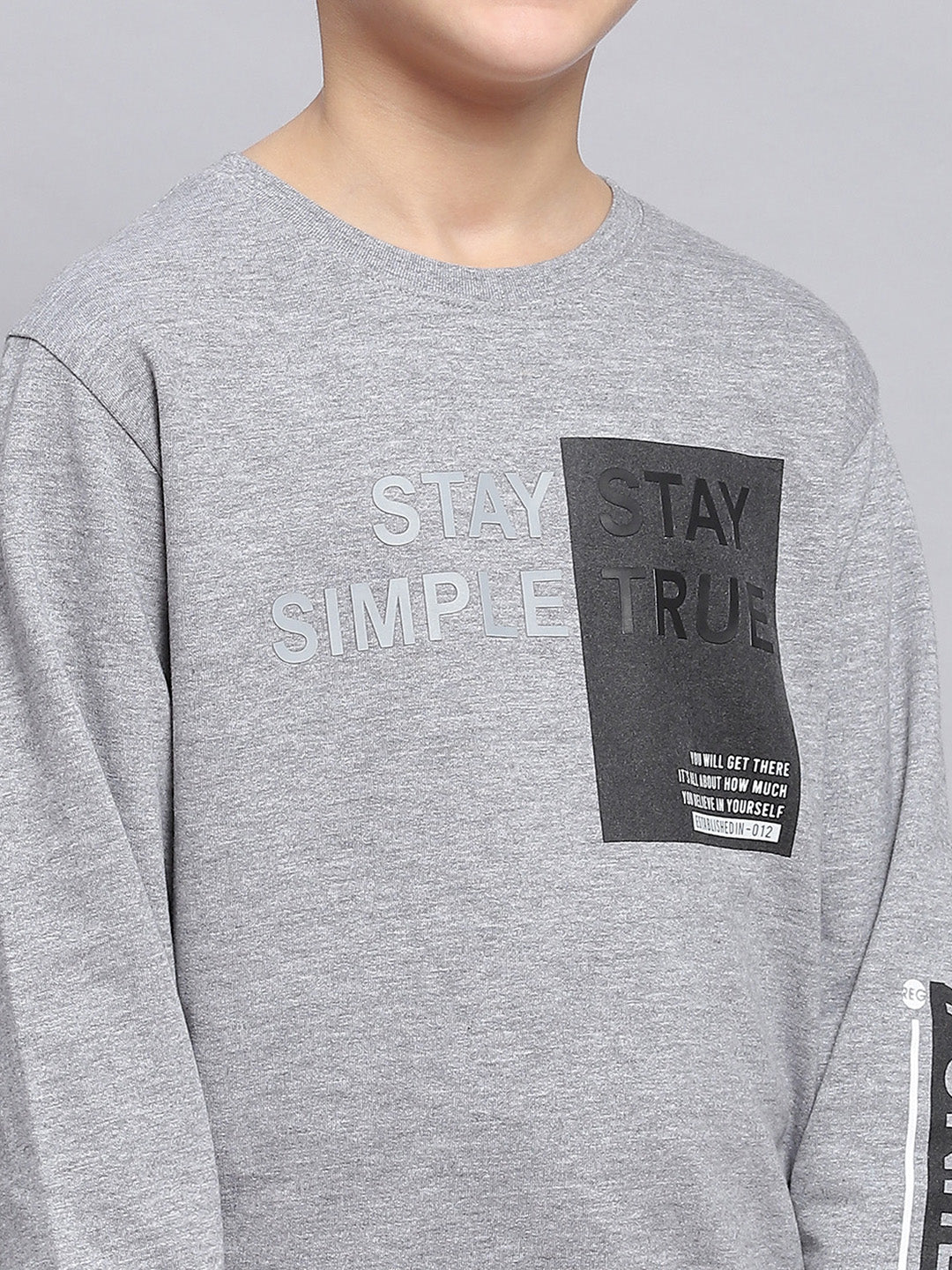 Boys Grey Melange Printed Round Neck Full Sleeve Sweatshirt