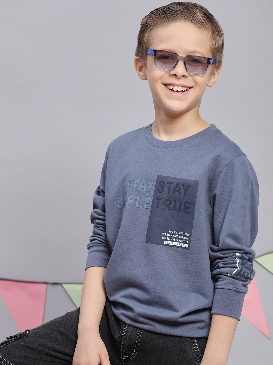 Boys Blue Printed Round Neck Full Sleeve Sweatshirt