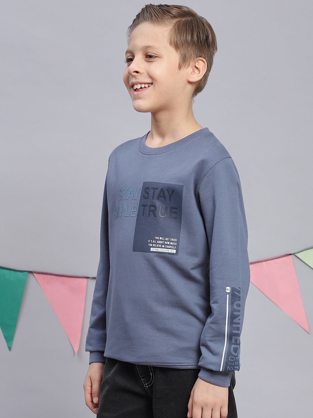 Boys Blue Printed Round Neck Full Sleeve Sweatshirt
