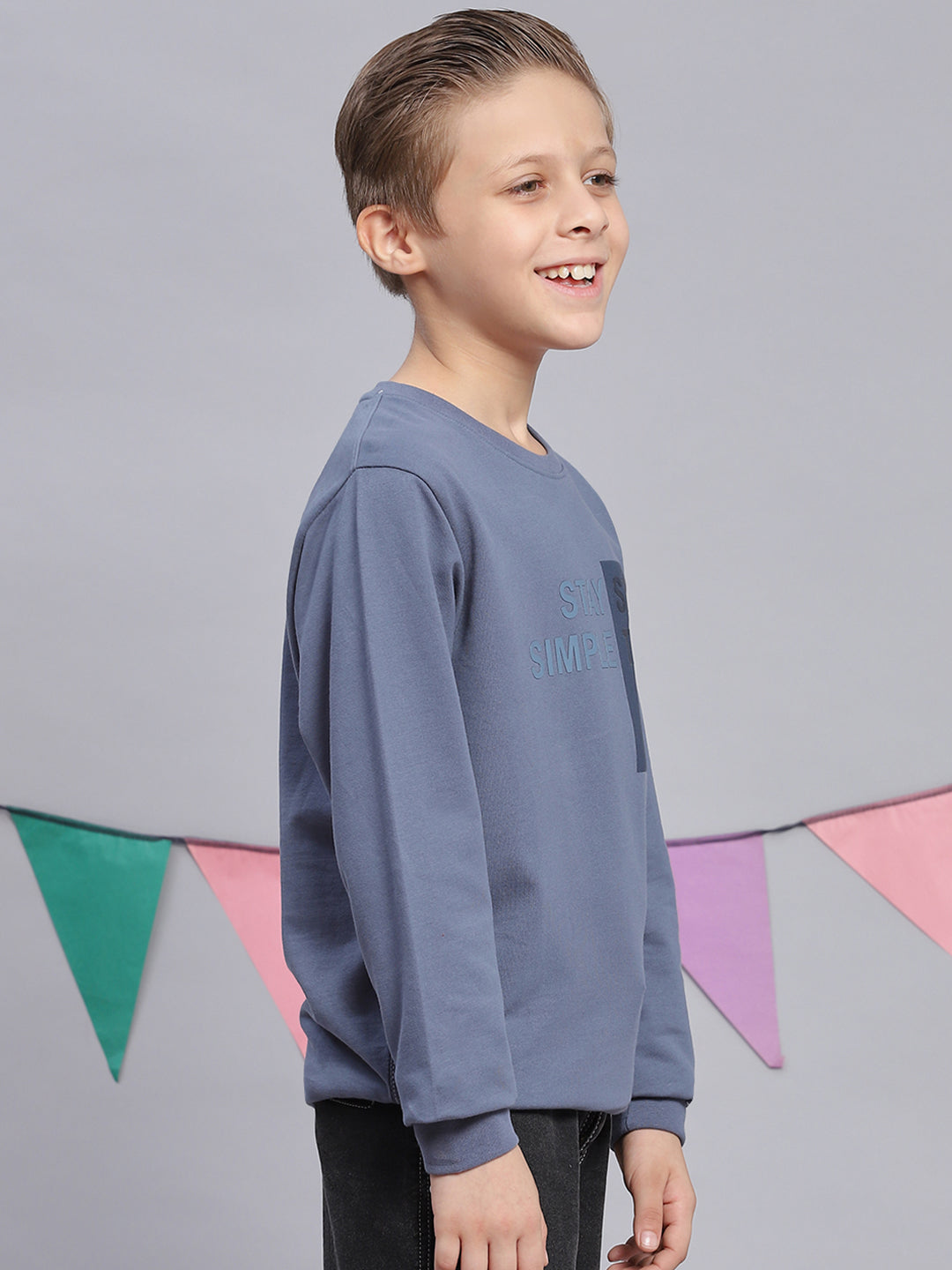 Boys Blue Printed Round Neck Full Sleeve Sweatshirt