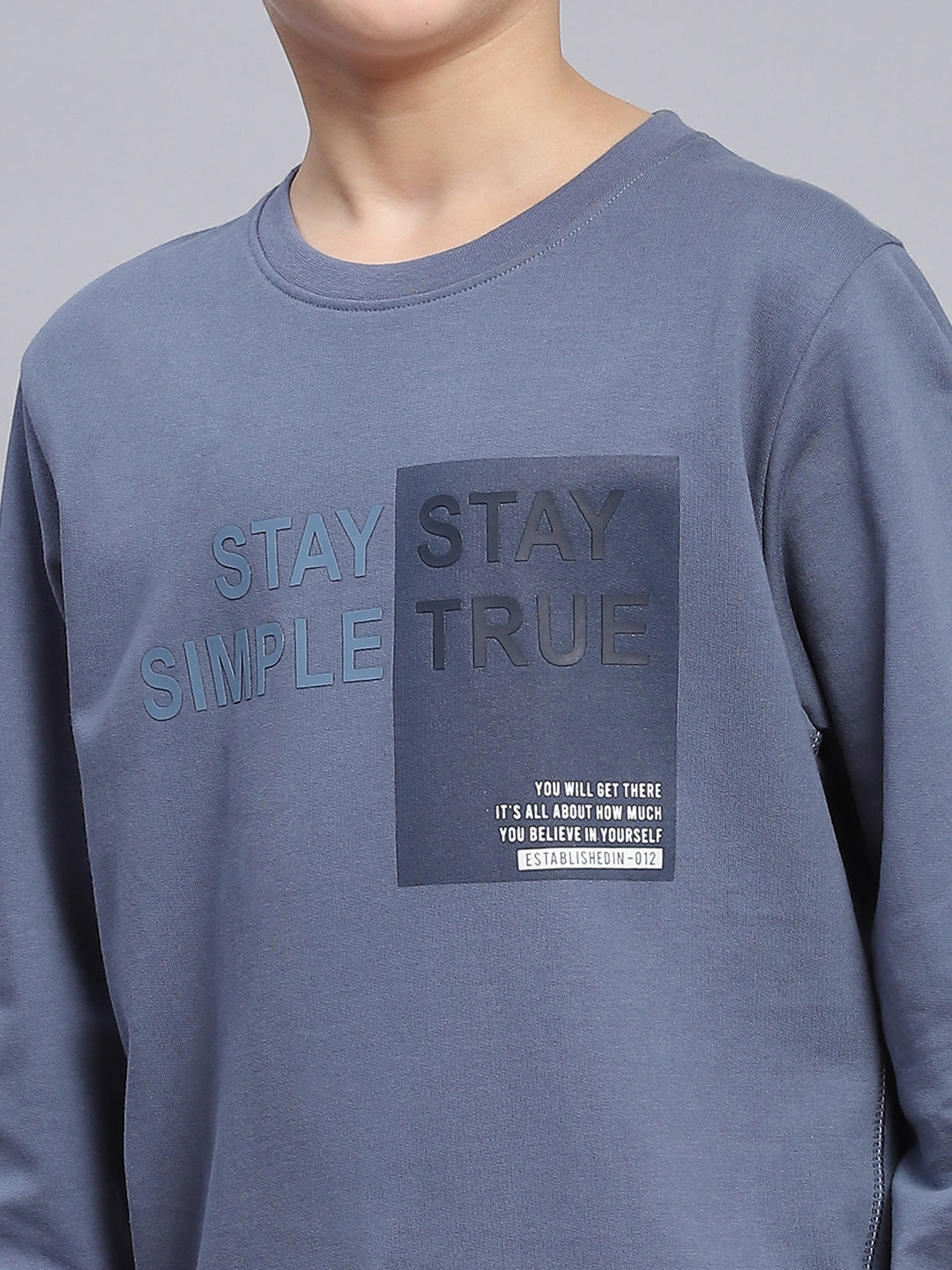 Boys Blue Printed Round Neck Full Sleeve Sweatshirt