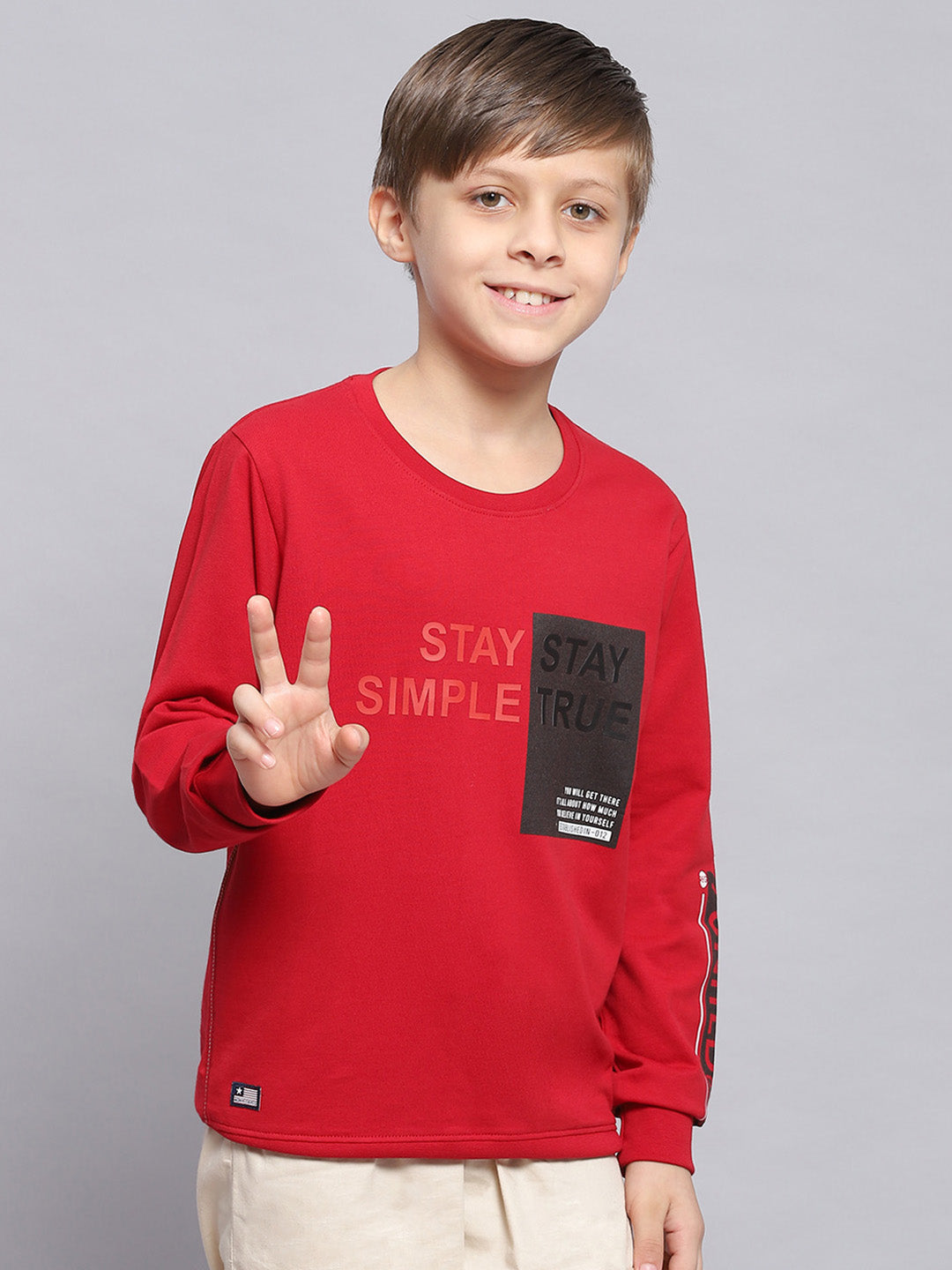 Boys Red Printed Round Neck Full Sleeve Sweatshirt