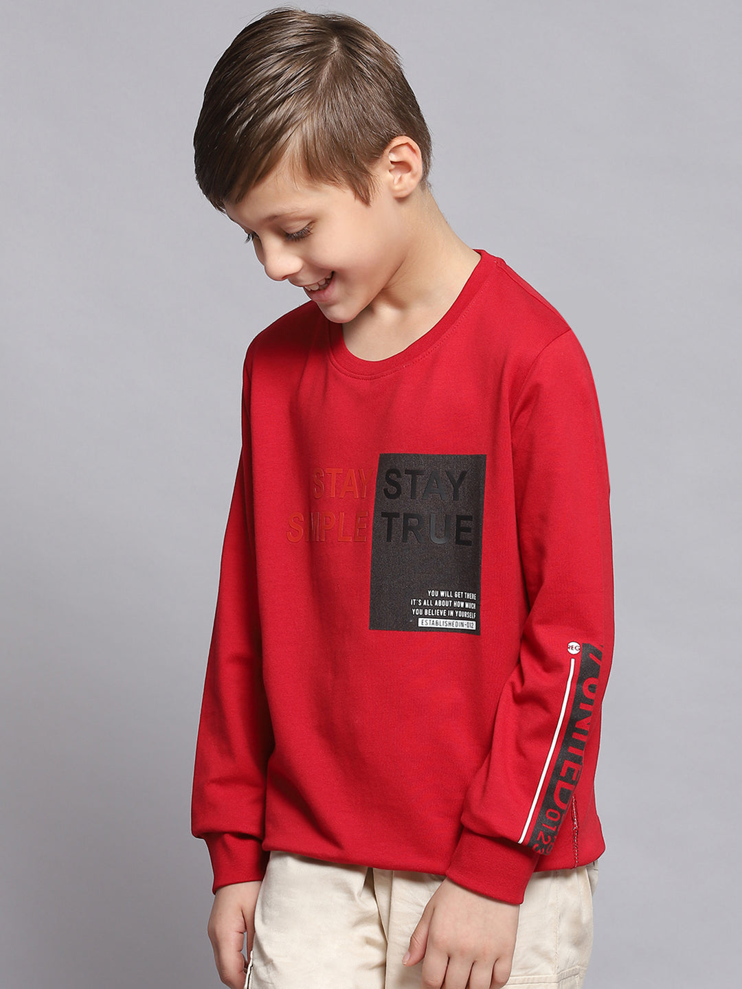 Boys Red Printed Round Neck Full Sleeve Sweatshirt