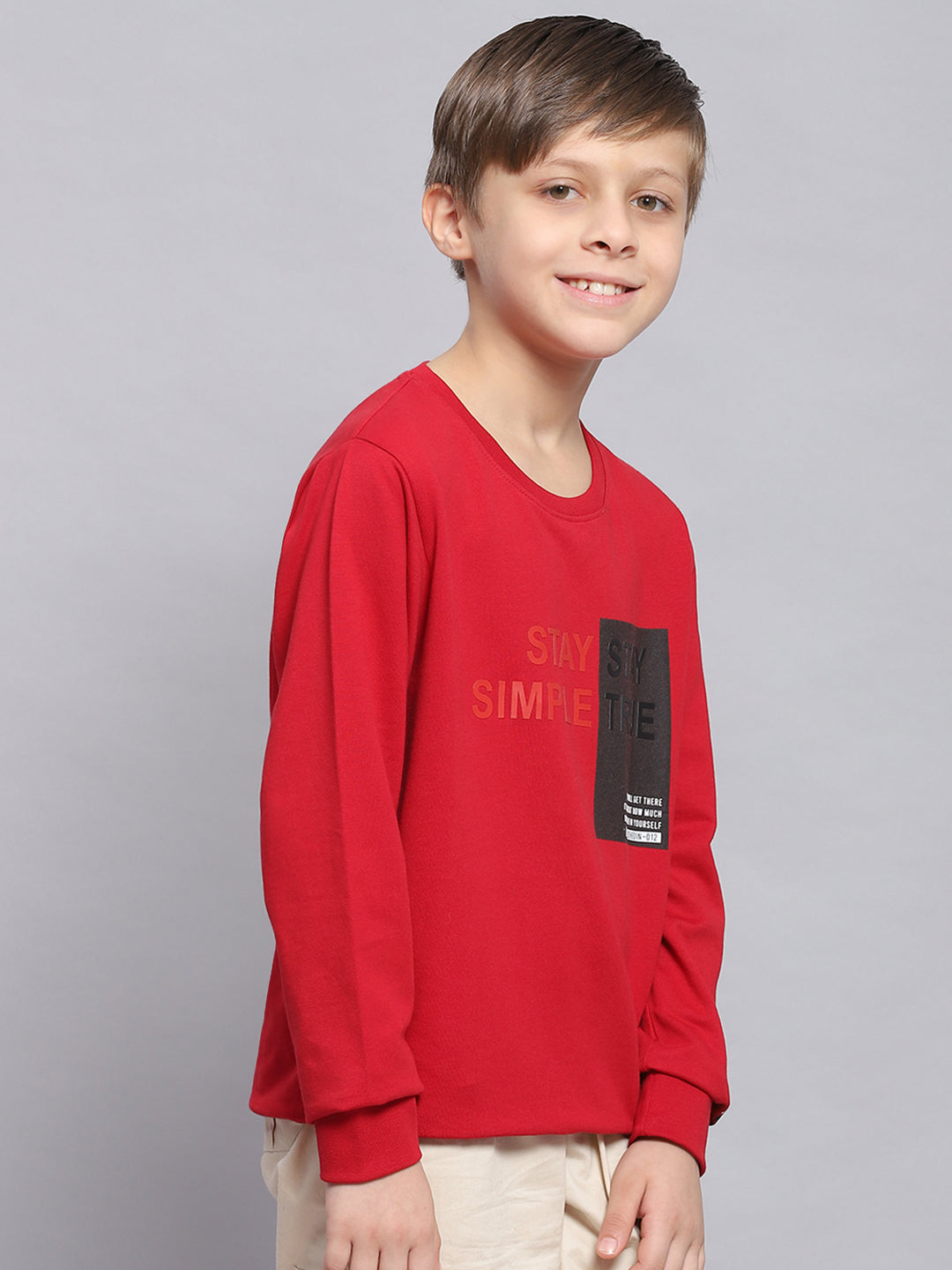 Boys Red Printed Round Neck Full Sleeve Sweatshirt