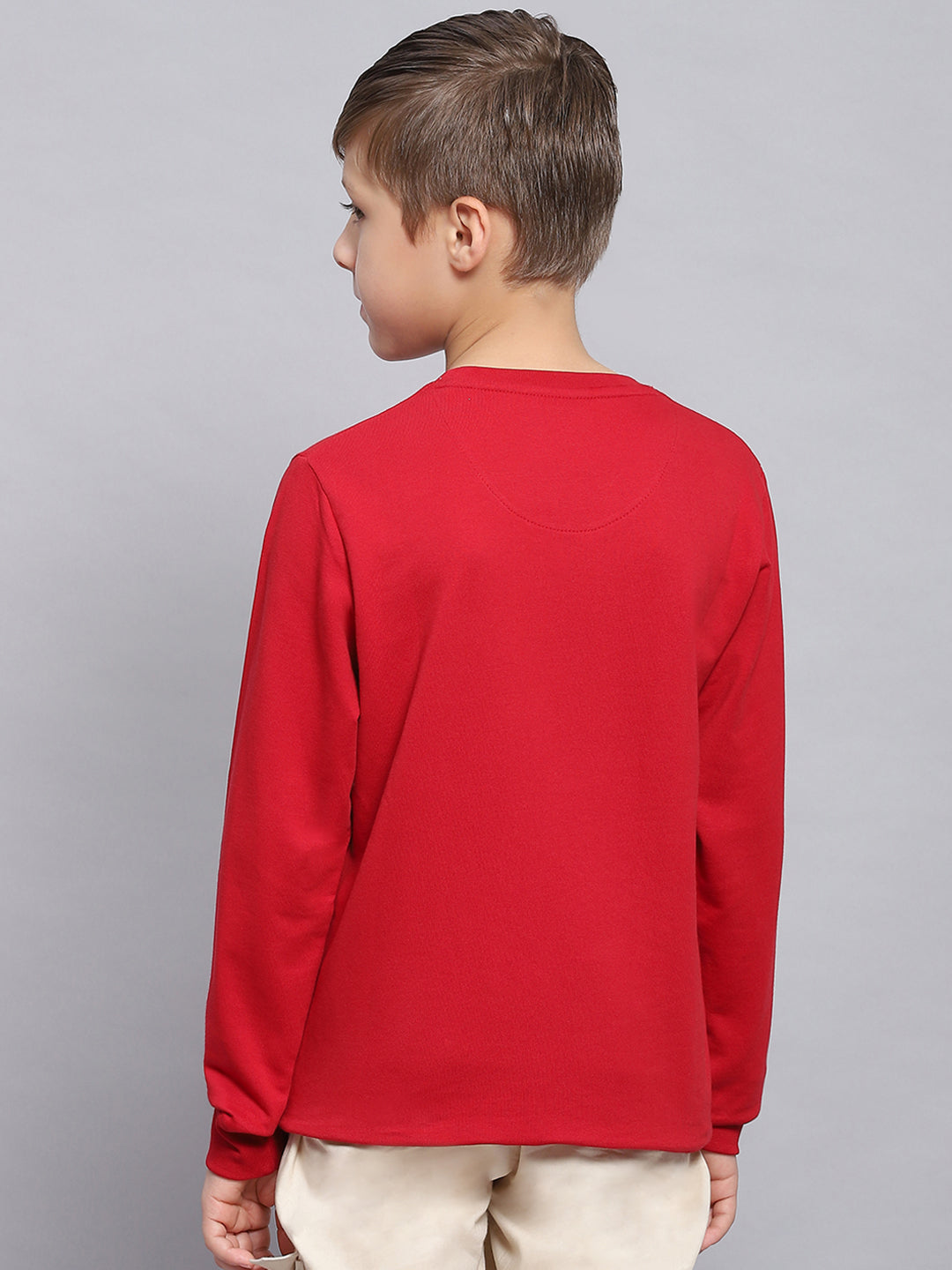 Boys Red Printed Round Neck Full Sleeve Sweatshirt