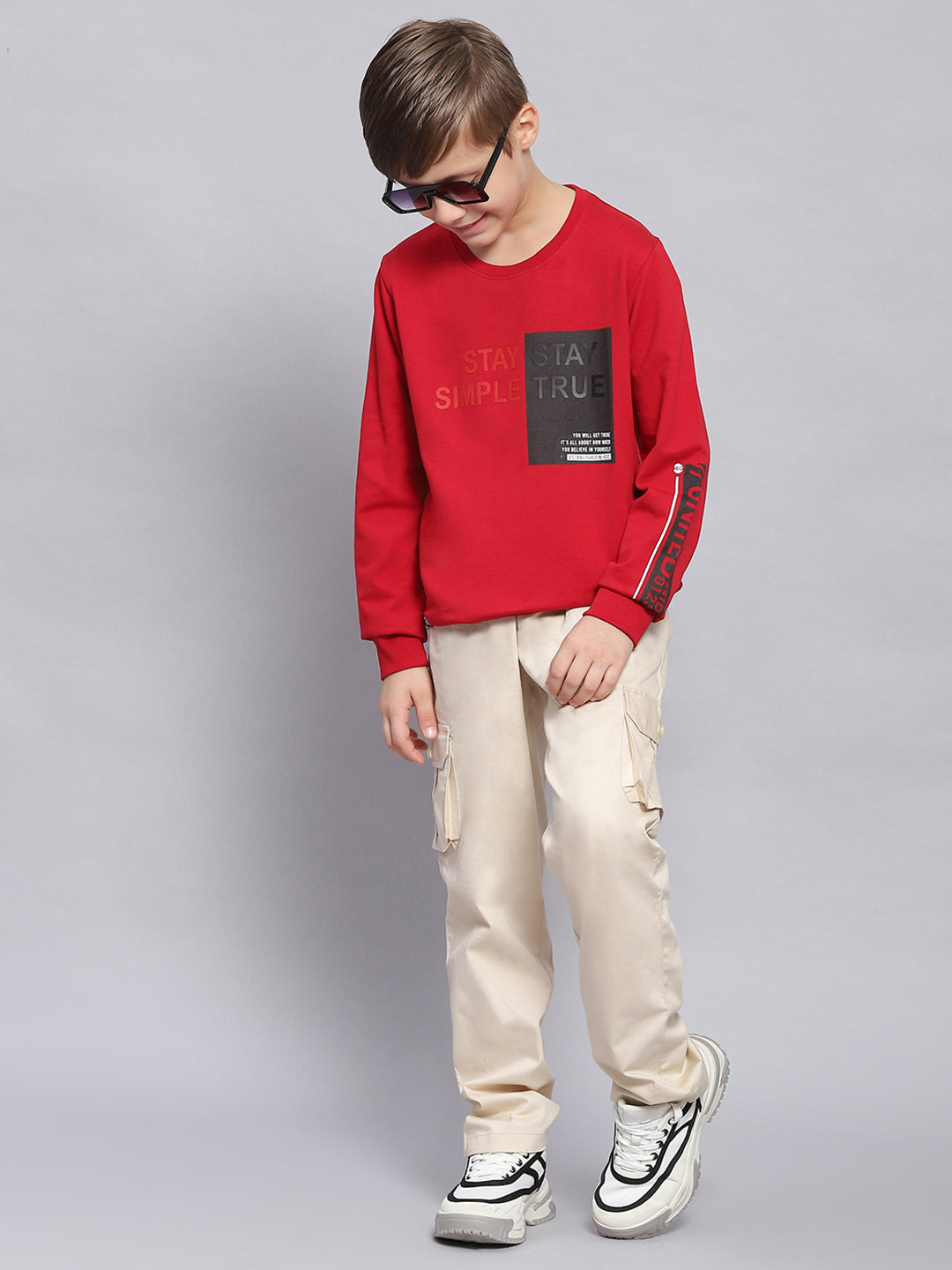 Boys Red Printed Round Neck Full Sleeve Sweatshirt