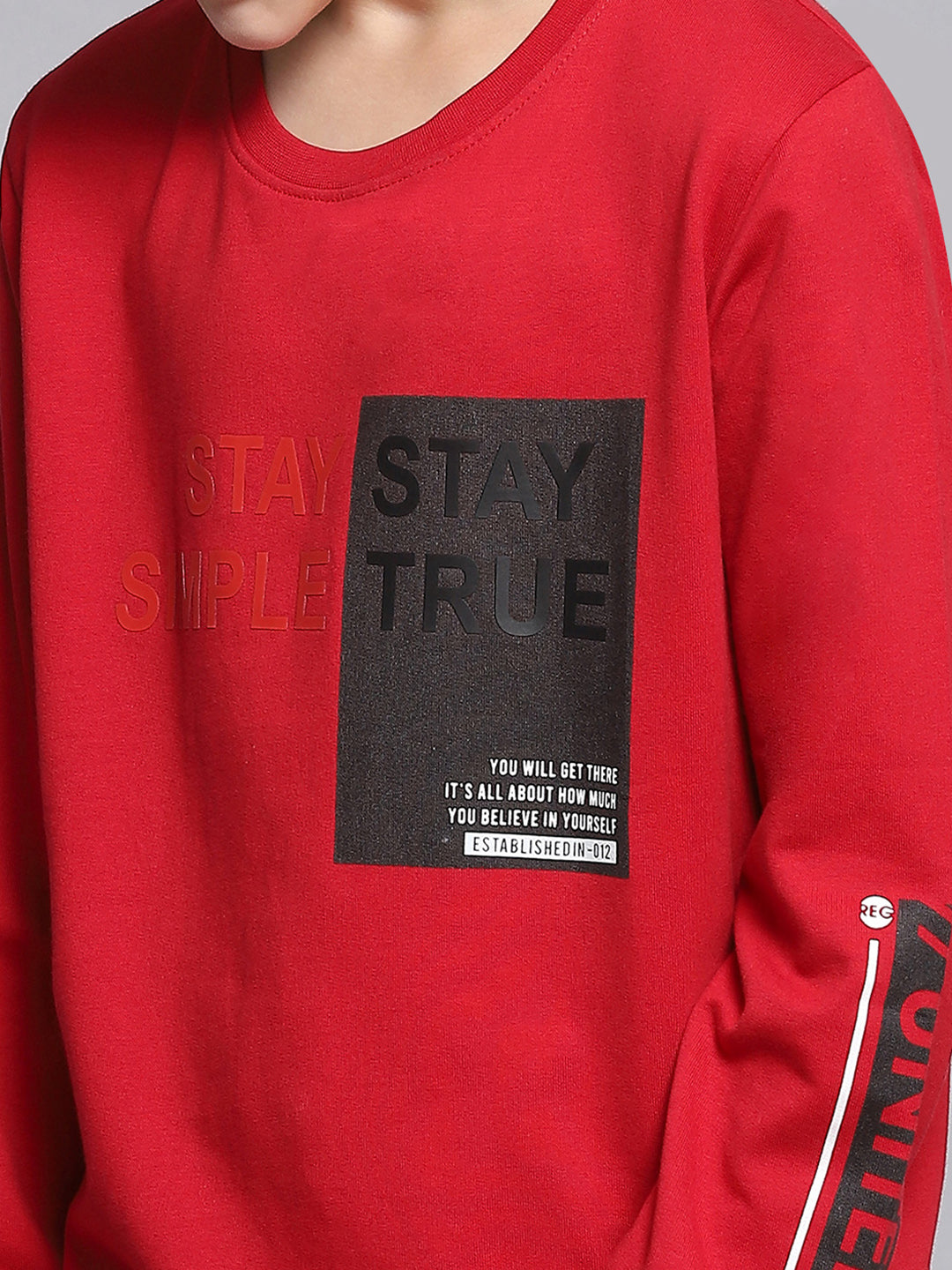 Boys Red Printed Round Neck Full Sleeve Sweatshirt