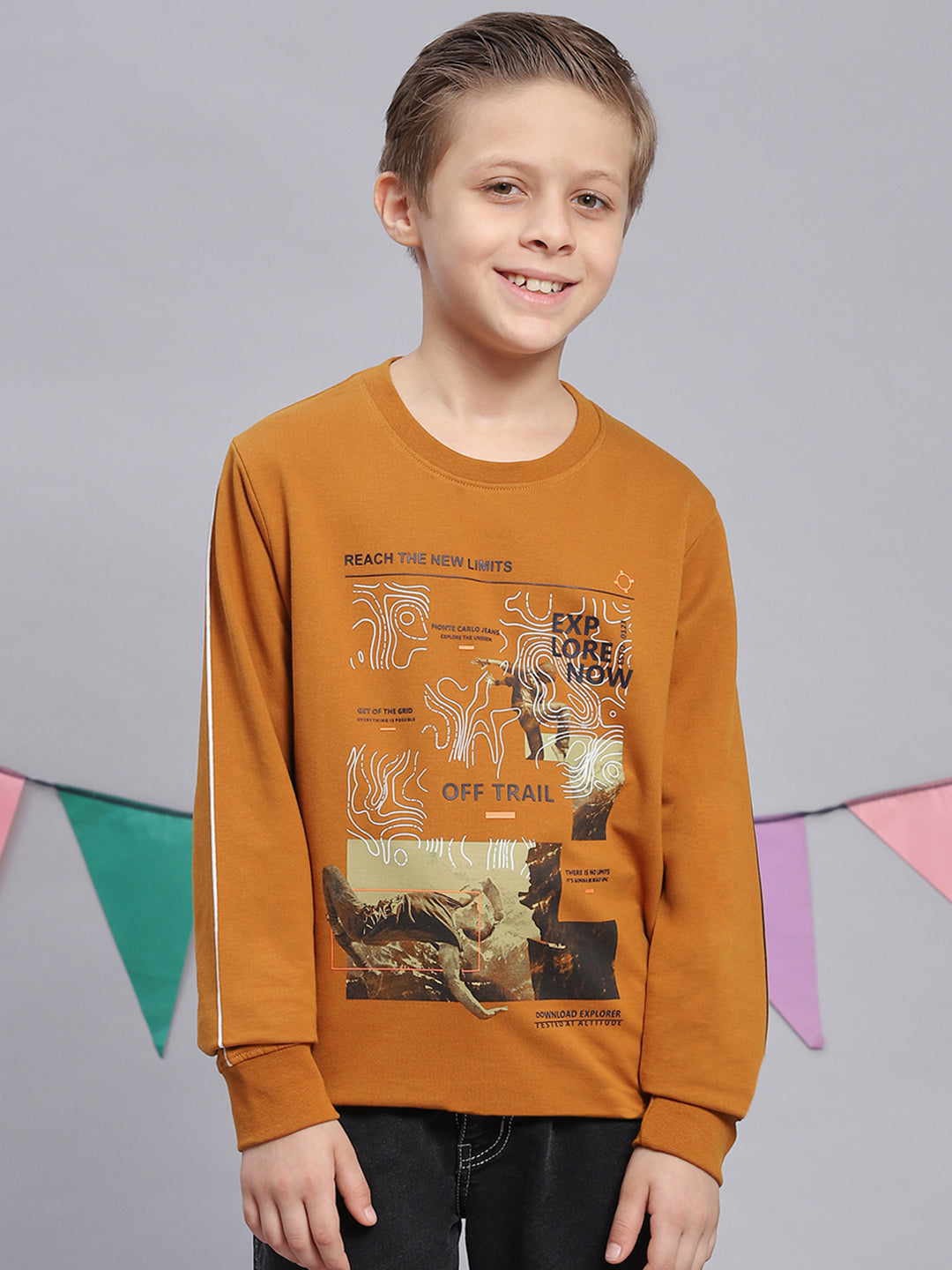 Boys Mustard Printed Round Neck Full Sleeve Sweatshirt