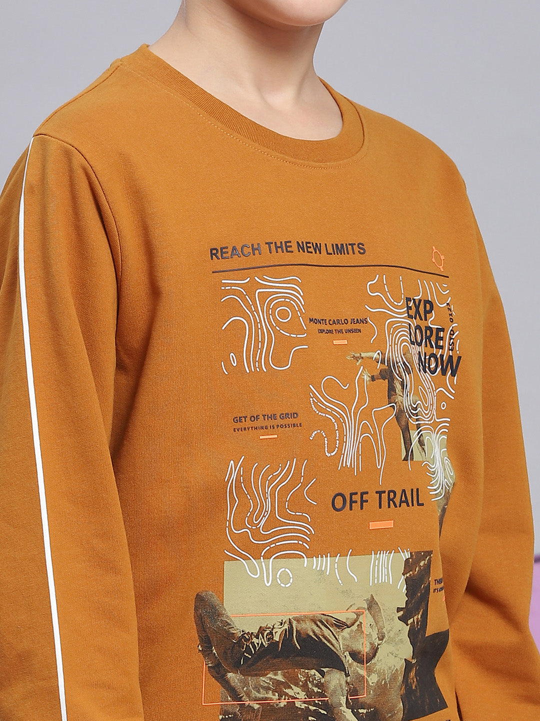 Boys Mustard Printed Round Neck Full Sleeve Sweatshirt