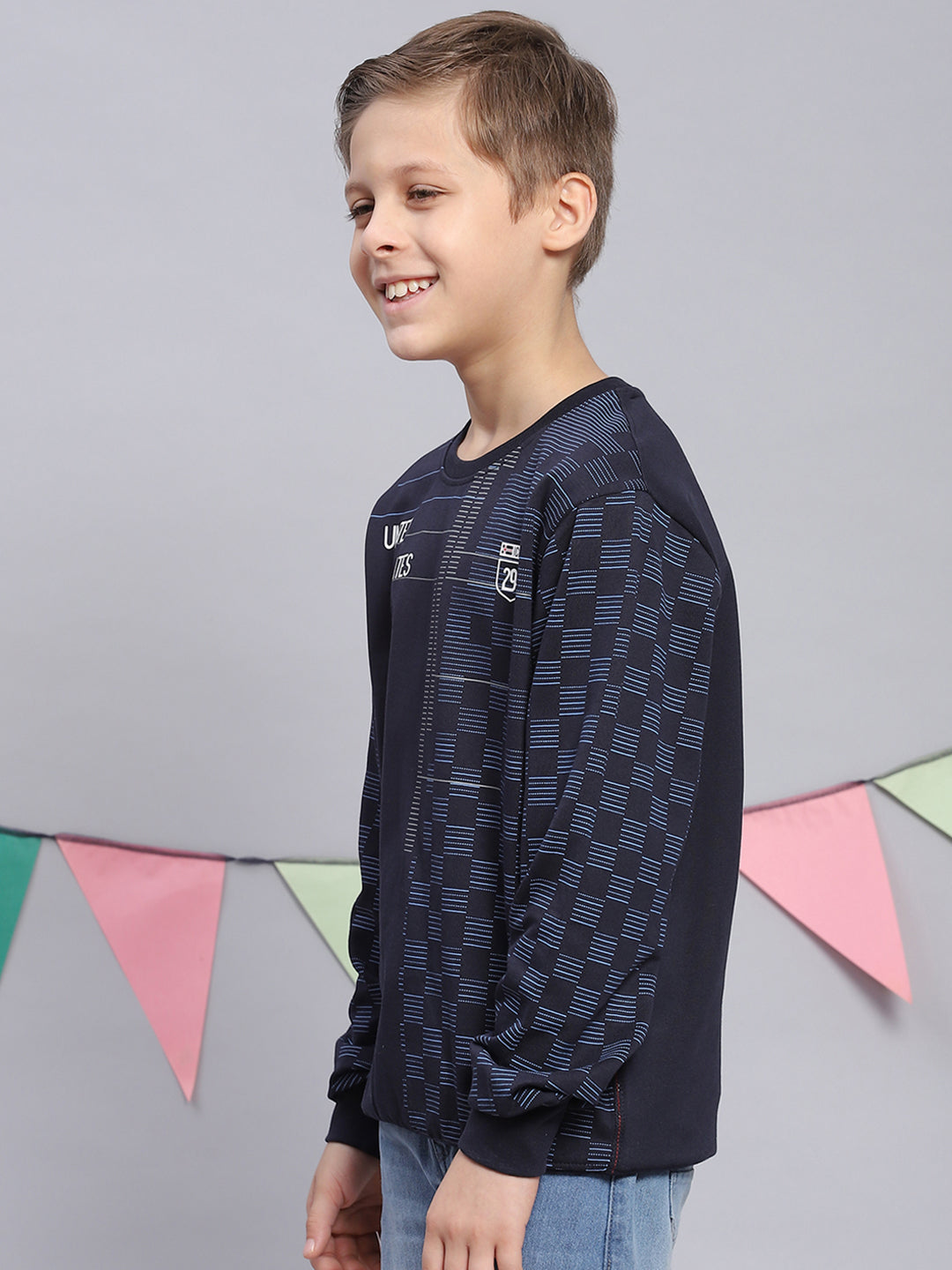 Boys Navy Blue Printed Round Neck Full Sleeve Sweatshirt