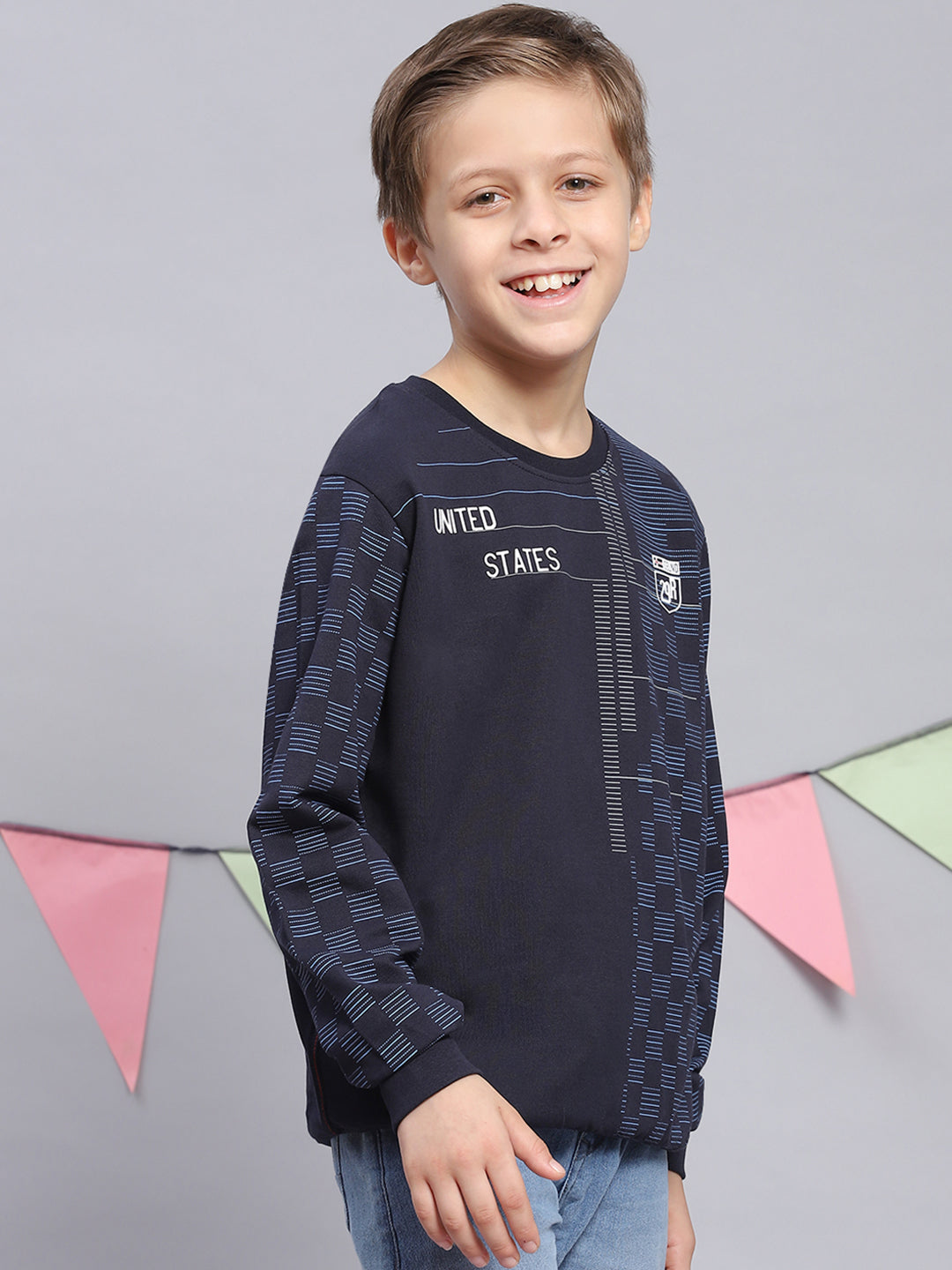 Boys Navy Blue Printed Round Neck Full Sleeve Sweatshirt