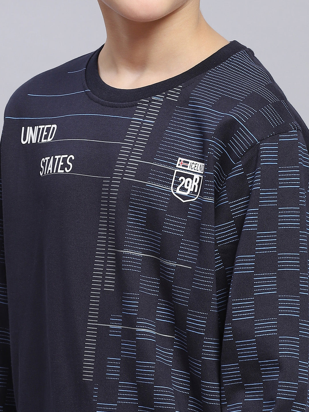 Boys Navy Blue Printed Round Neck Full Sleeve Sweatshirt