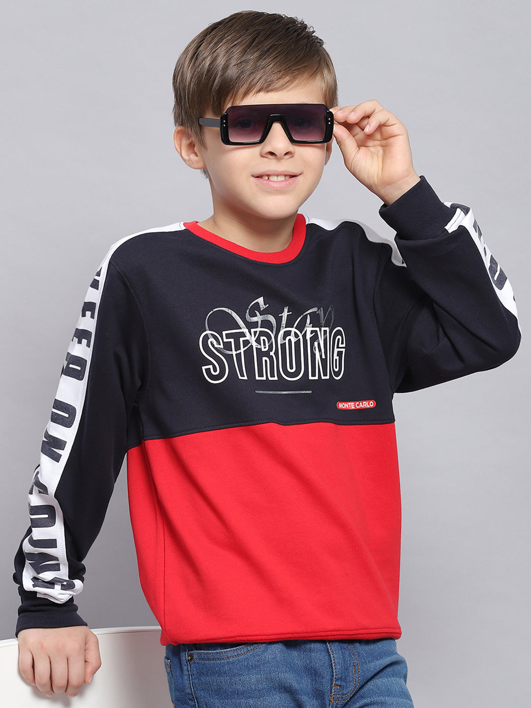 Boys Navy Blue Printed Round Neck Full Sleeve Sweatshirt