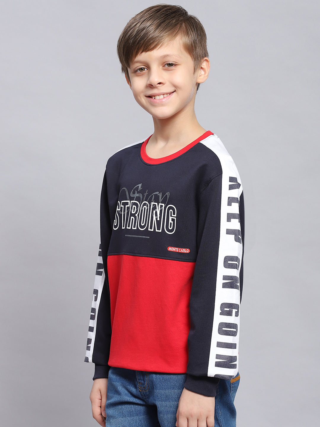 Boys Navy Blue Printed Round Neck Full Sleeve Sweatshirt