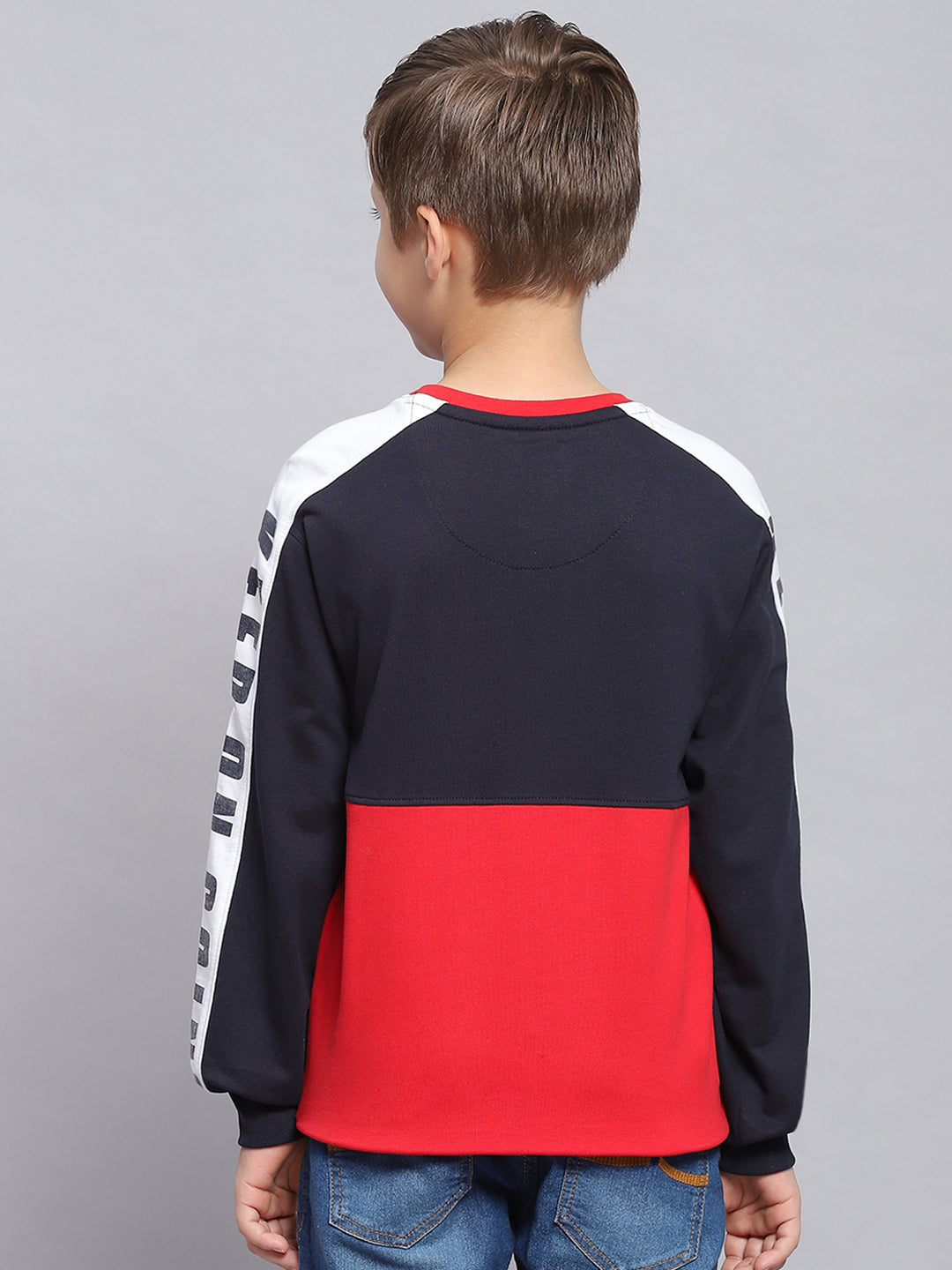 Boys Navy Blue Printed Round Neck Full Sleeve Sweatshirt