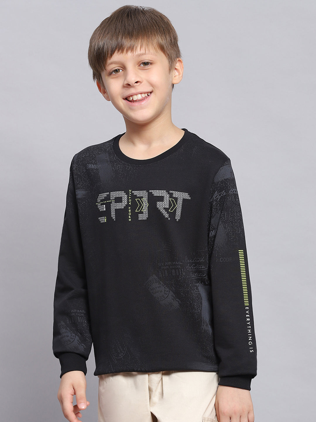 Boys Black Printed Round Neck Full Sleeve Sweatshirt