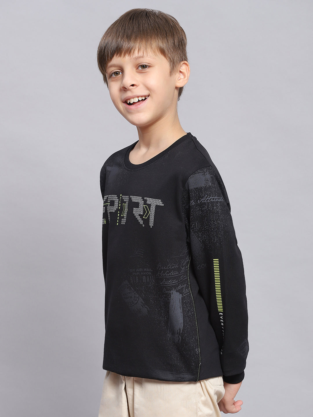 Boys Black Printed Round Neck Full Sleeve Sweatshirt