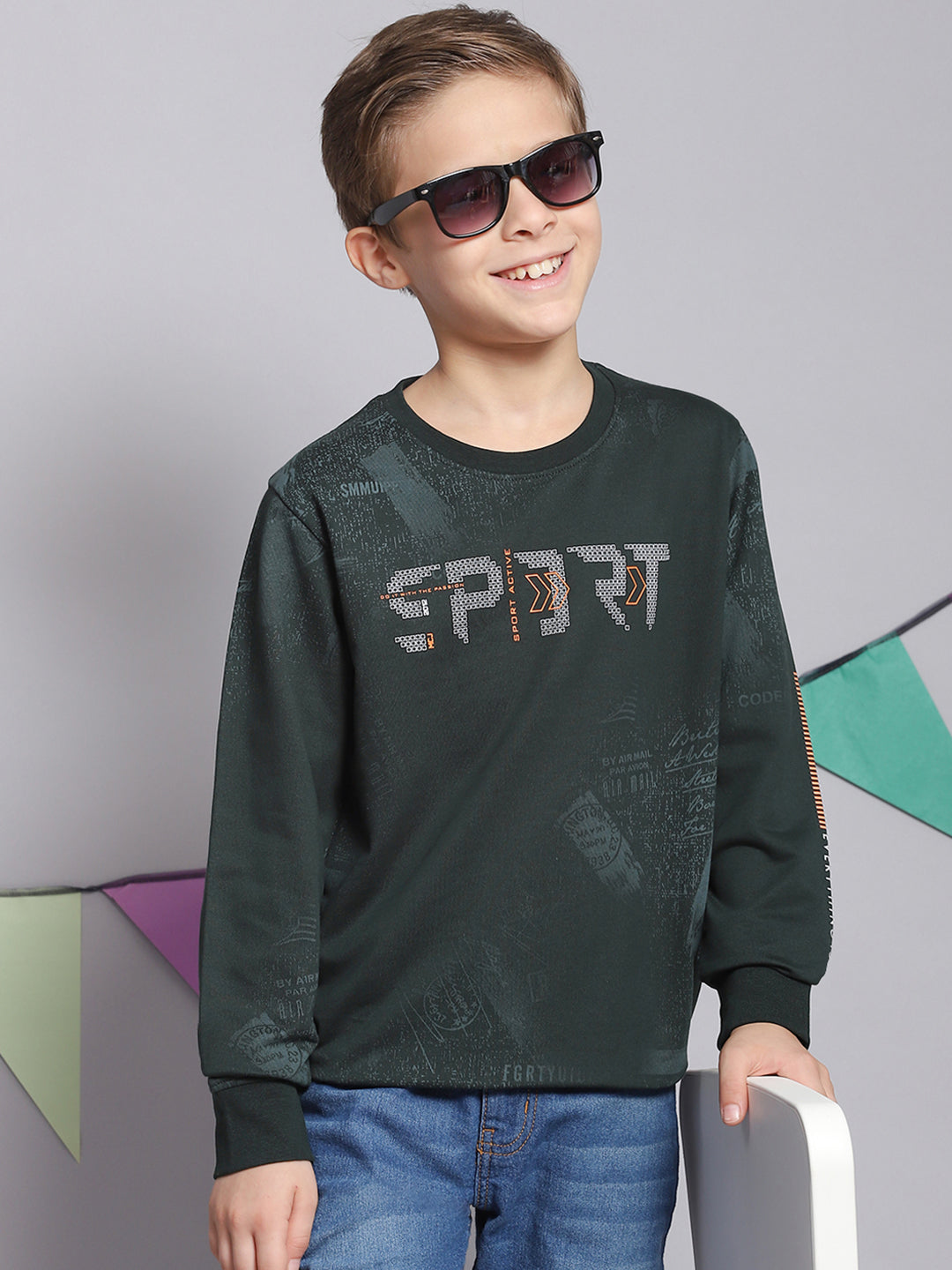 Boys Green Printed Round Neck Full Sleeve Sweatshirt