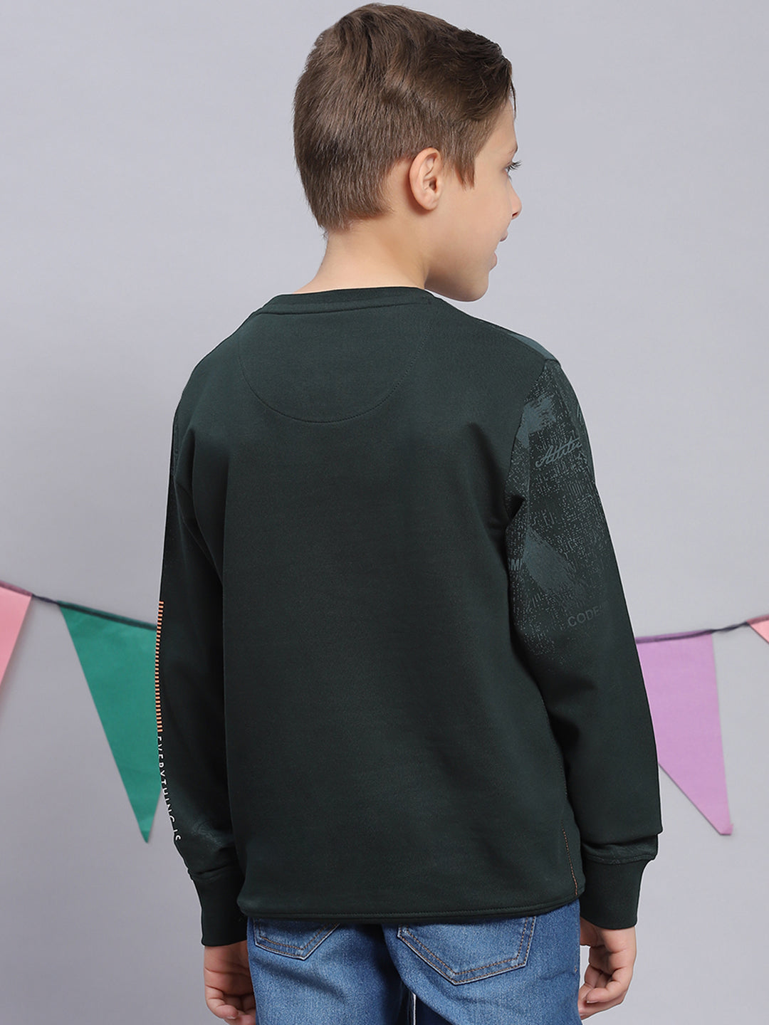 Boys Green Printed Round Neck Full Sleeve Sweatshirt