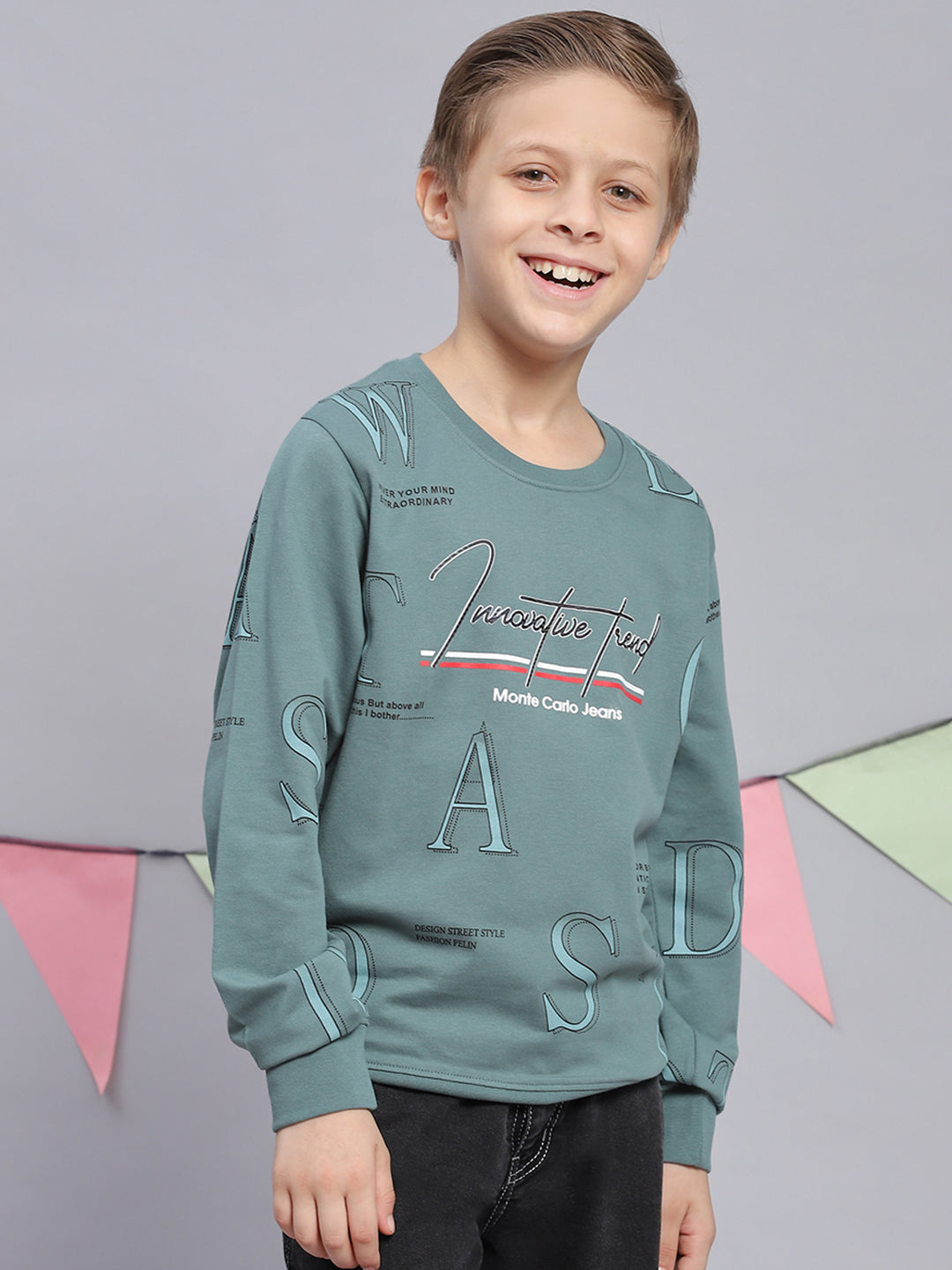 Boys Green Printed Round Neck Full Sleeve Sweatshirt