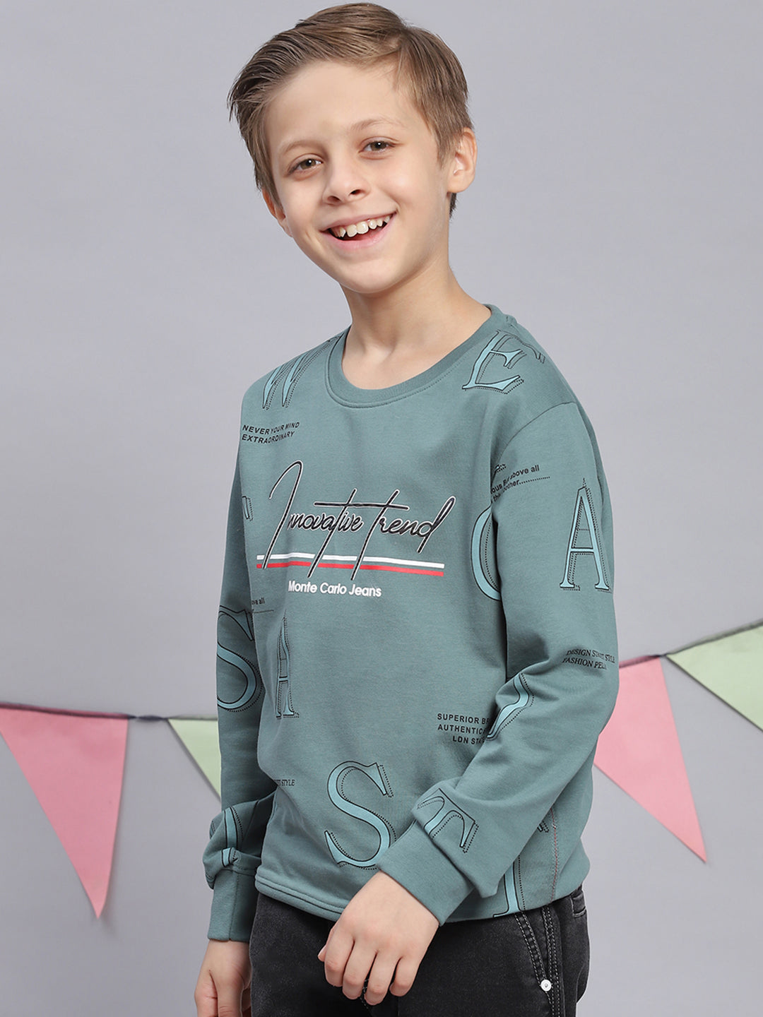 Boys Green Printed Round Neck Full Sleeve Sweatshirt