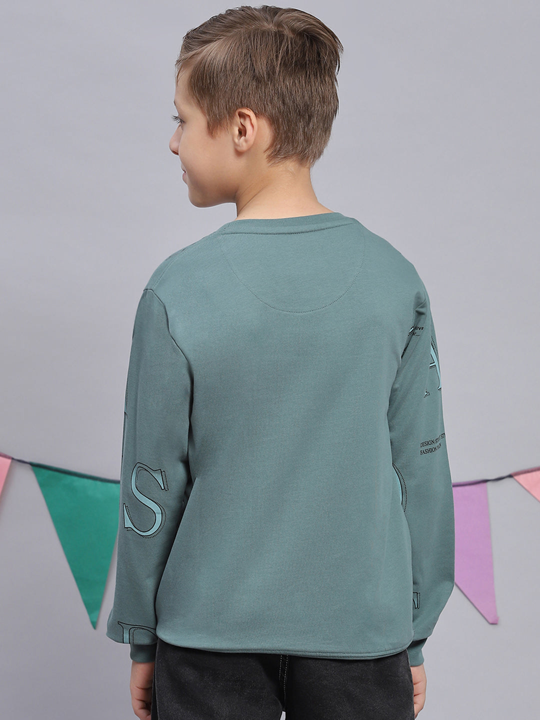 Boys Green Printed Round Neck Full Sleeve Sweatshirt